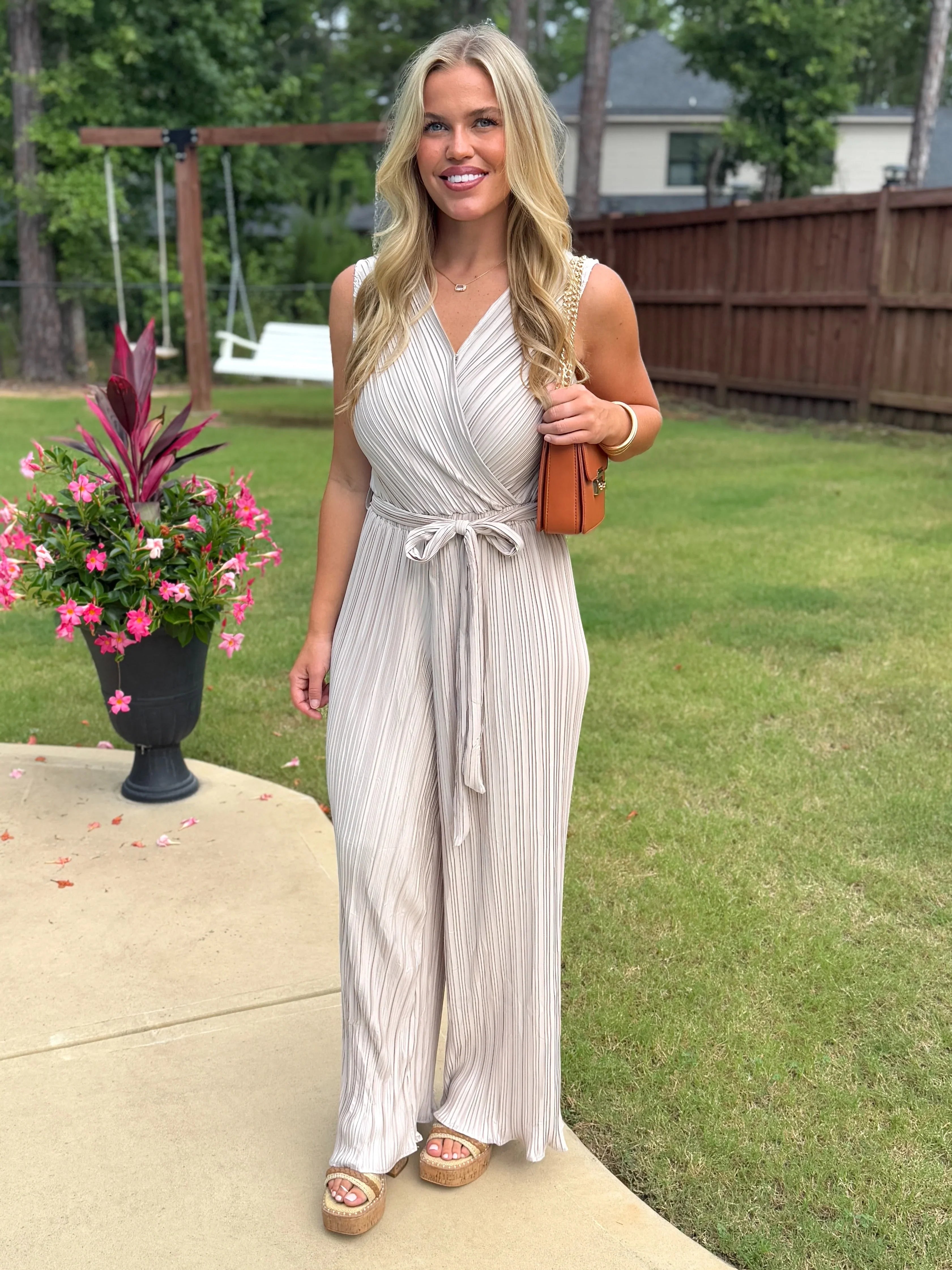 KYLIE Sleeveless Crinkle Jumpsuit (Taupe) - Sassy and Southern