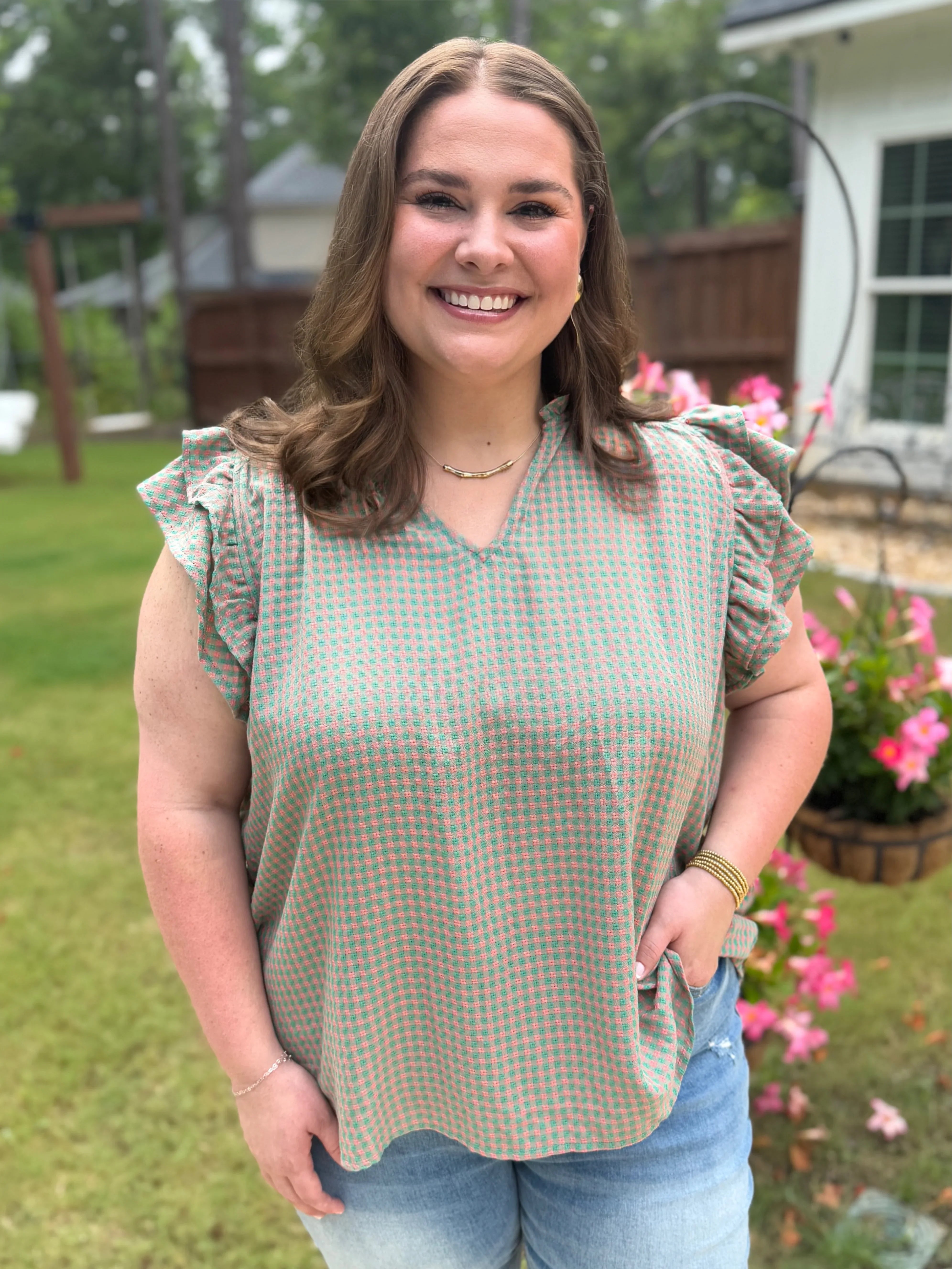 ADDISON Plus Size Pink/Green Gingham Top - Sassy and Southern