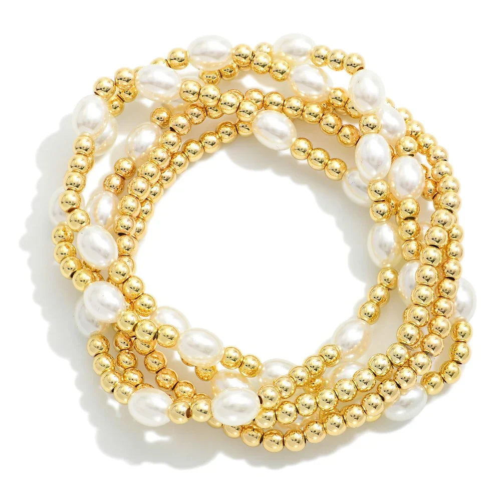 Pearl/Gold Bead Bracelets (Set of 3) - Sassy and Southern