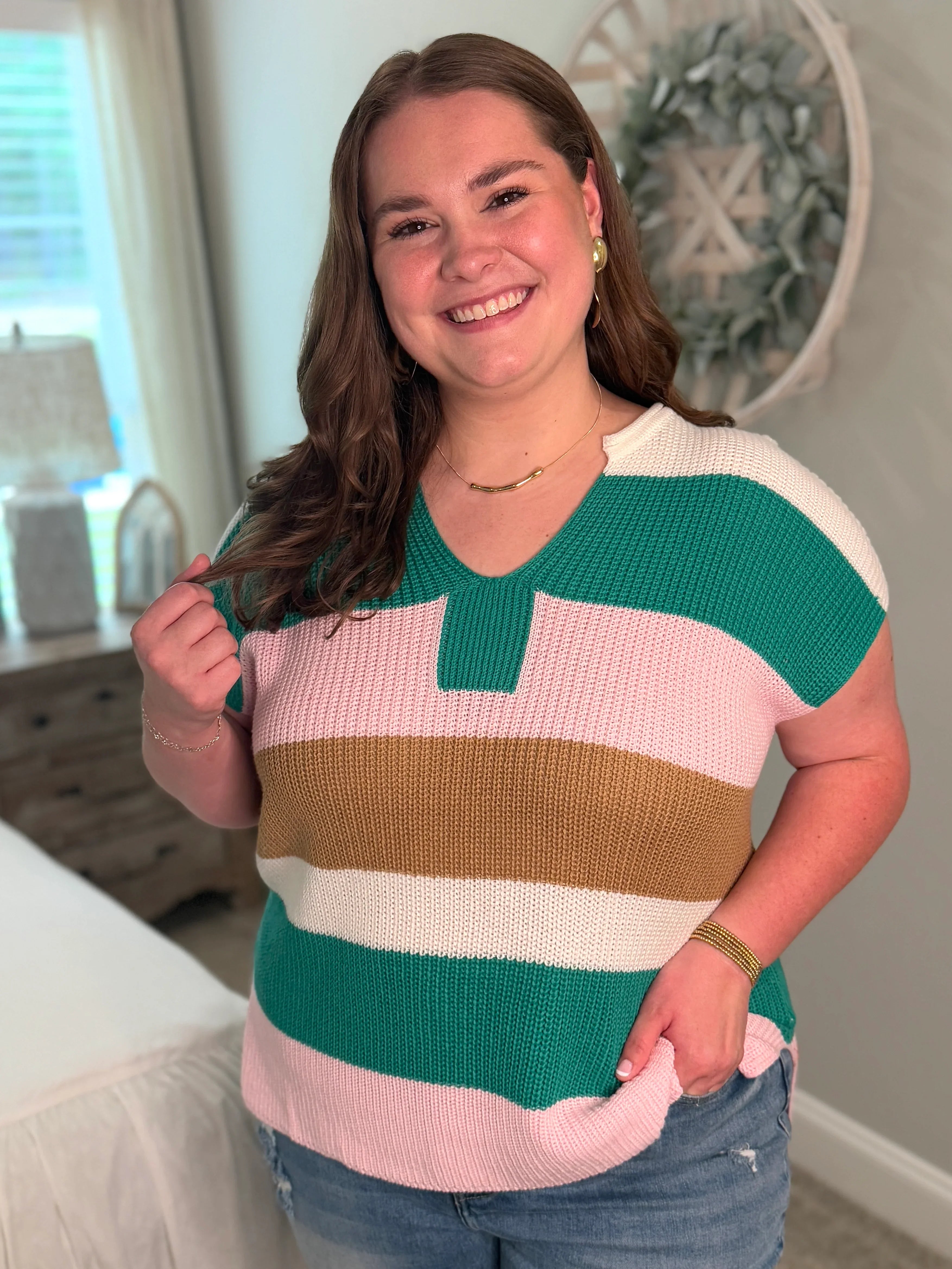 MCKENNA Plus Size Pink/Green Lightweight Sweater - Sassy and Southern