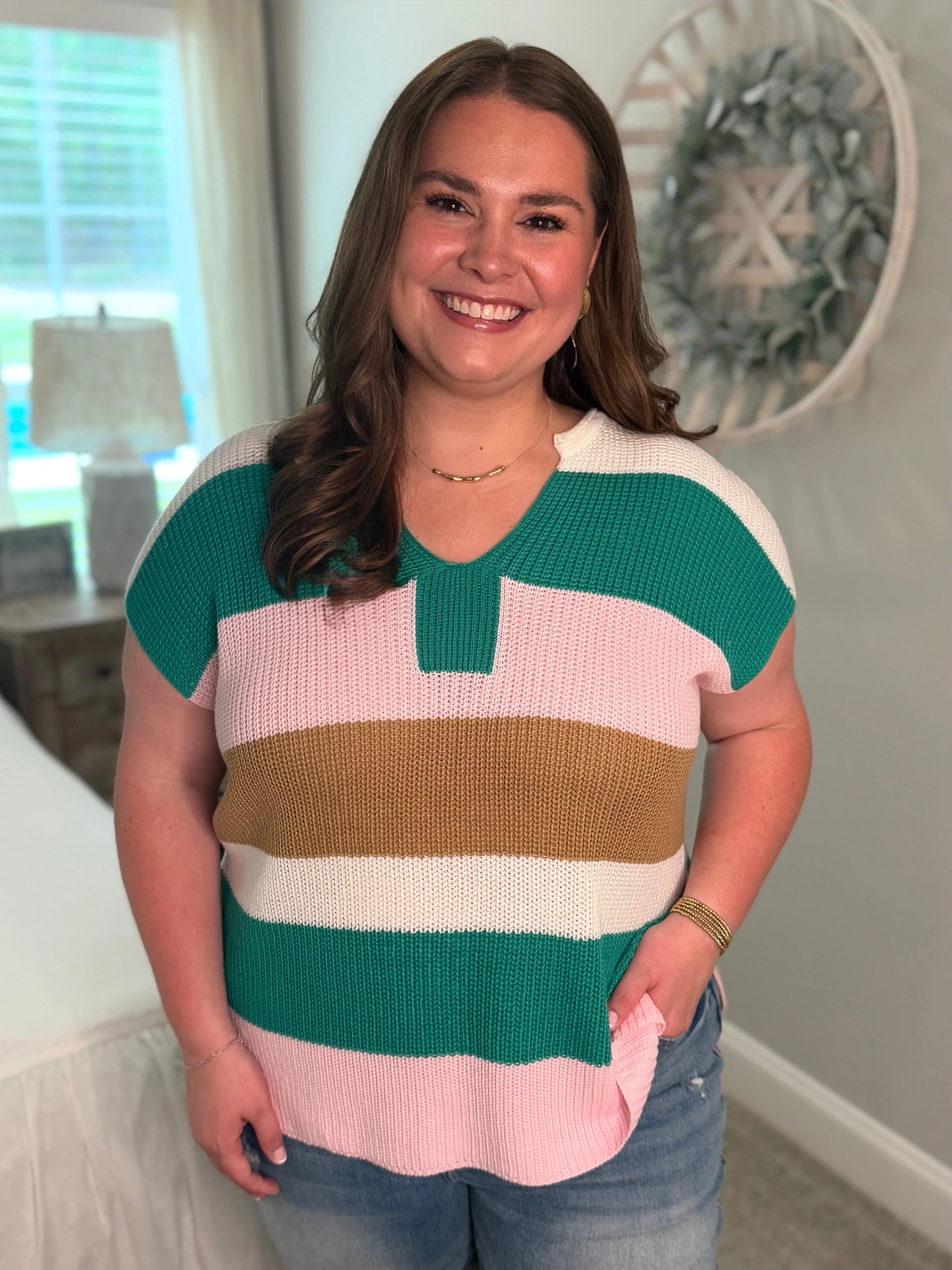 MCKENNA Plus Size Pink/Green Lightweight Sweater - Sassy and Southern