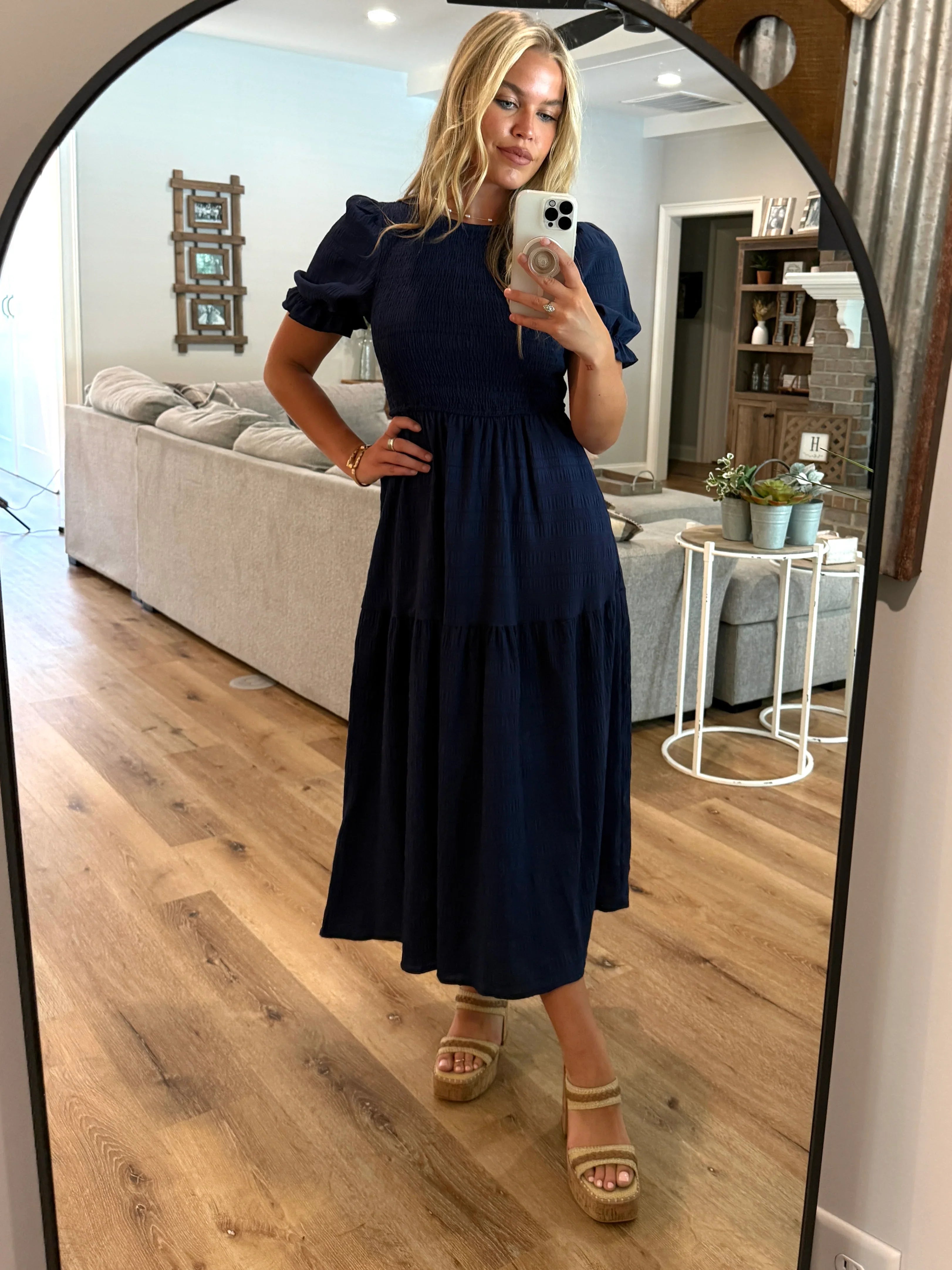 ARIEL Long Textured/Smocked Dress in Blue - Sassy and Southern