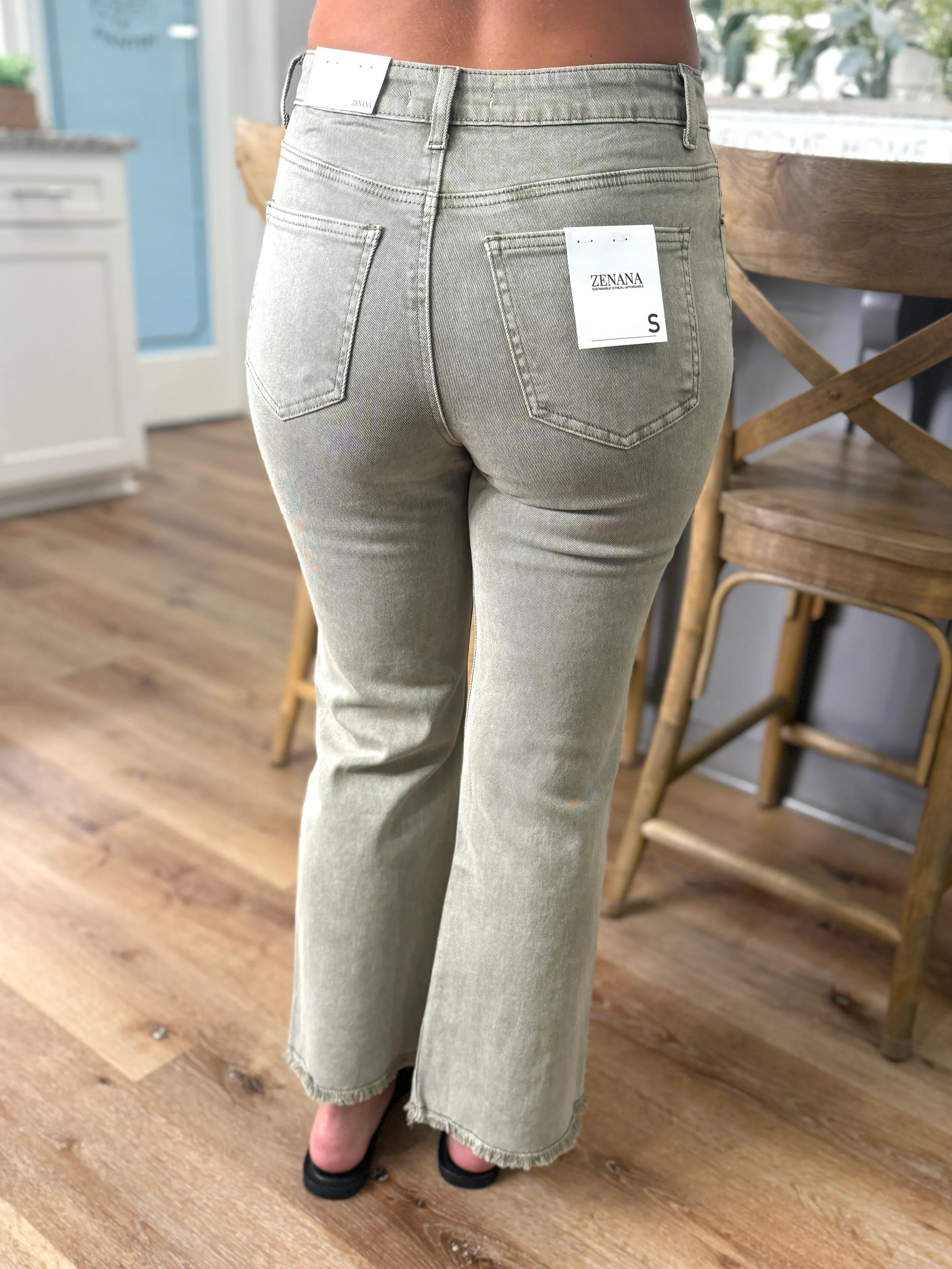 PARKER High Waist Frayed Hem Jeans (Light Olive) - Sassy and Southern