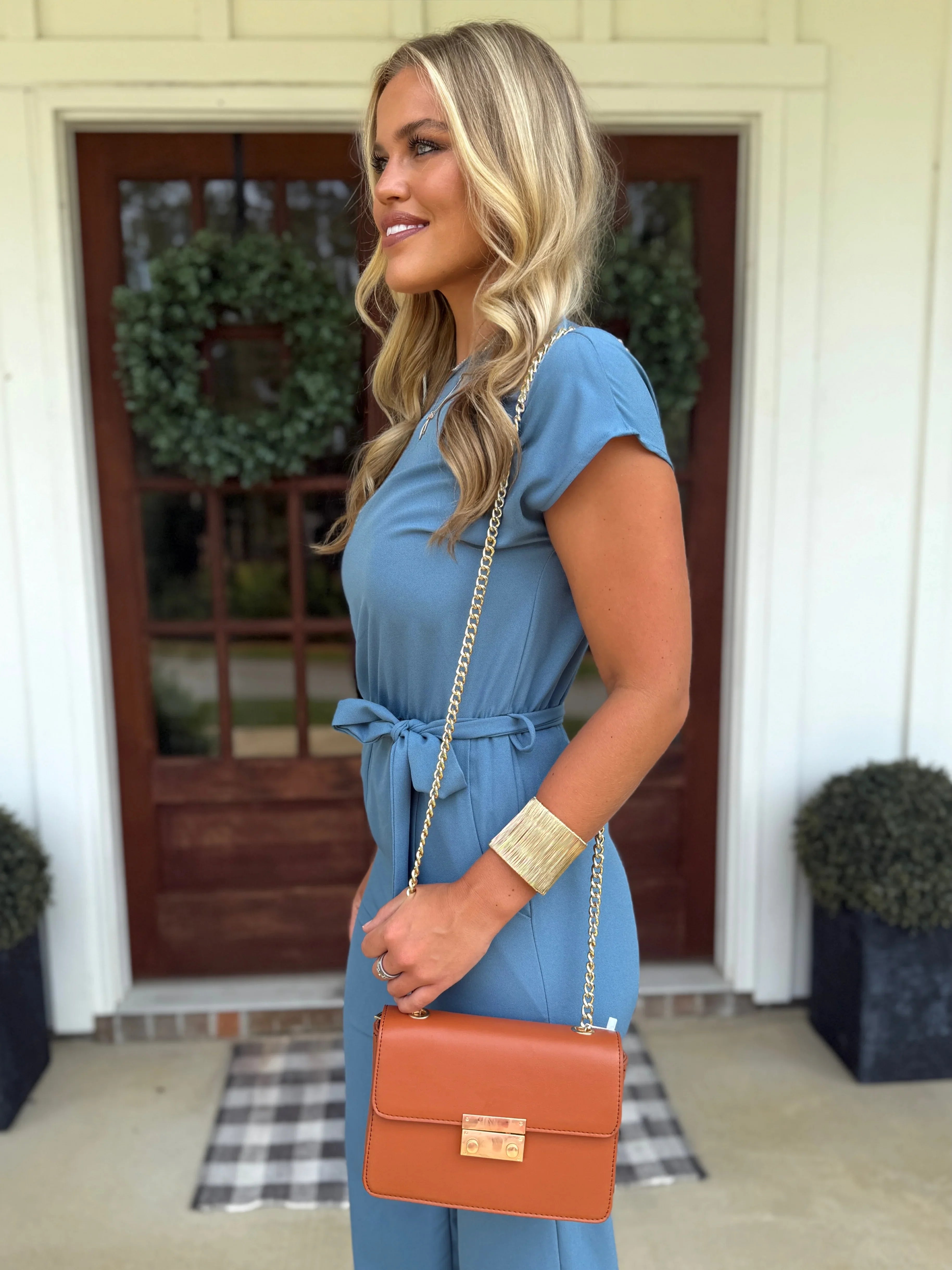 EMILY Jumpsuit With Waist Tie Belt (Blue) - Sassy and Southern