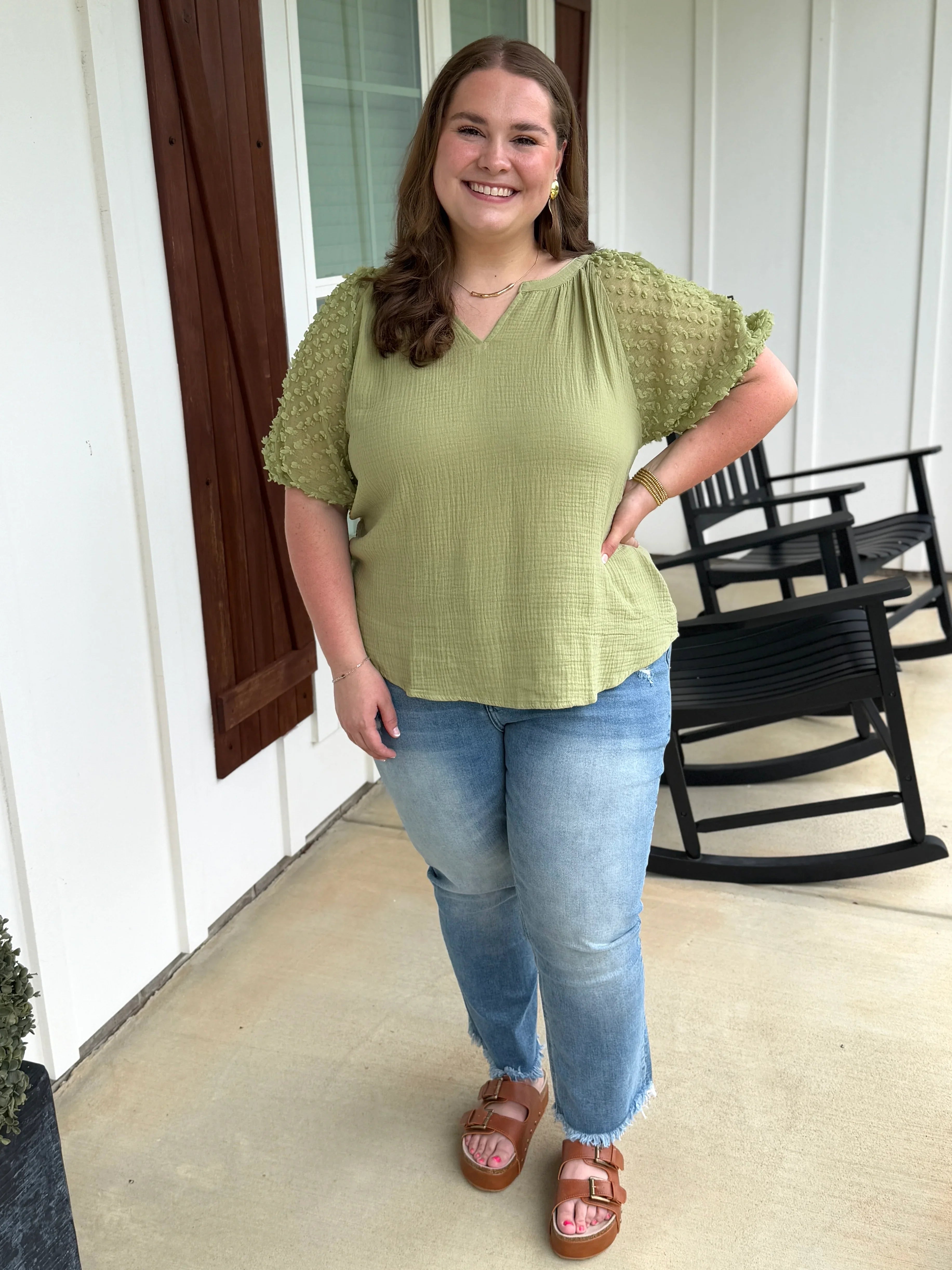 HOPE Puff Sleeve Linen Top (Sage) (S-2X) - Sassy and Southern