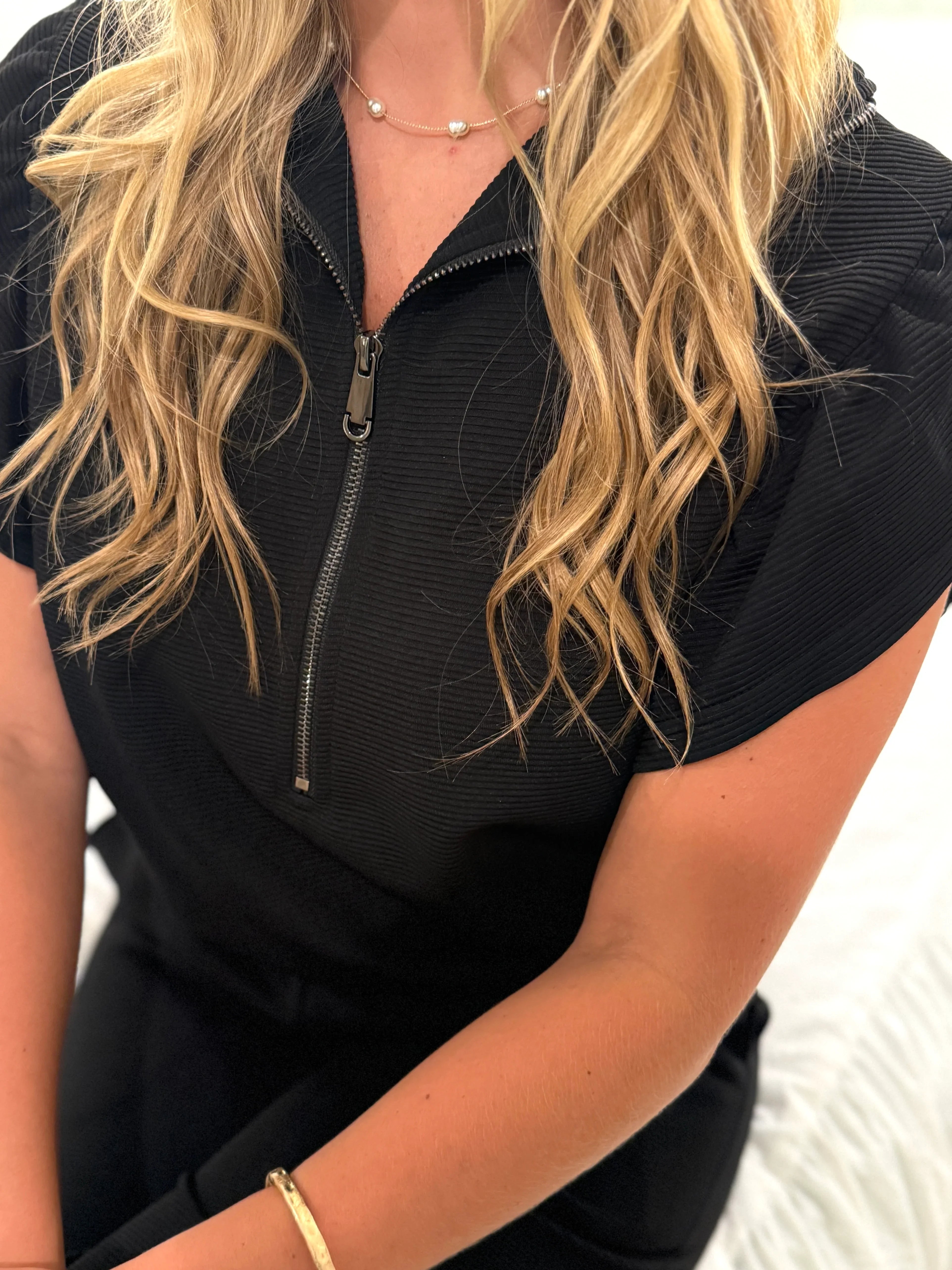 OLIVIA Textured Zip Set in Black (Top/Pants) - Sassy and Southern