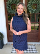 QUINN Sleeveless Polka Dot Lace Dress (Navy) - Sassy and Southern
