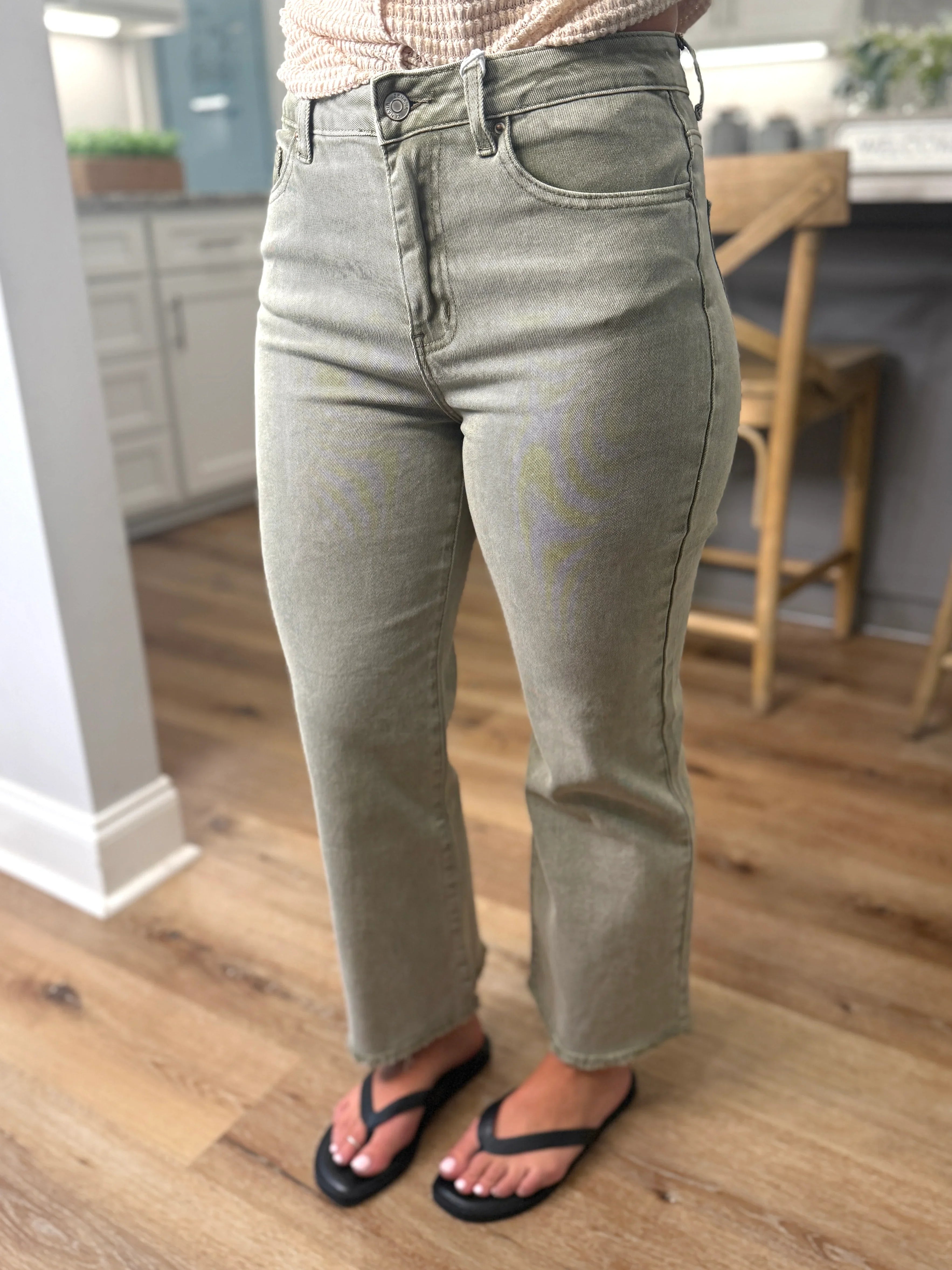 PARKER High Waist Frayed Hem Jeans (Light Olive) - Sassy and Southern