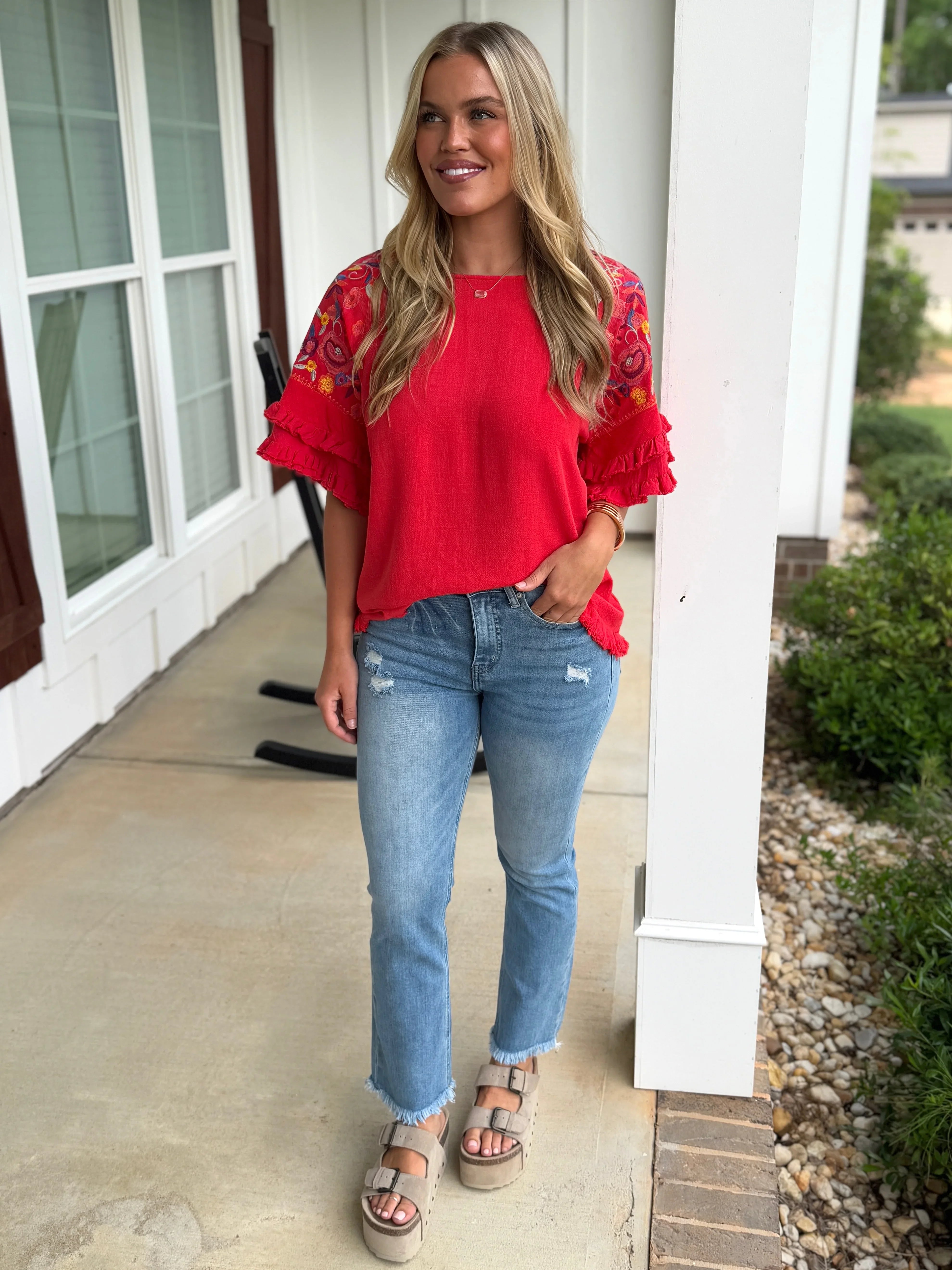 STEVIE Red Embroidered Sleeve Ruffle Top (S-2X) - Sassy and Southern