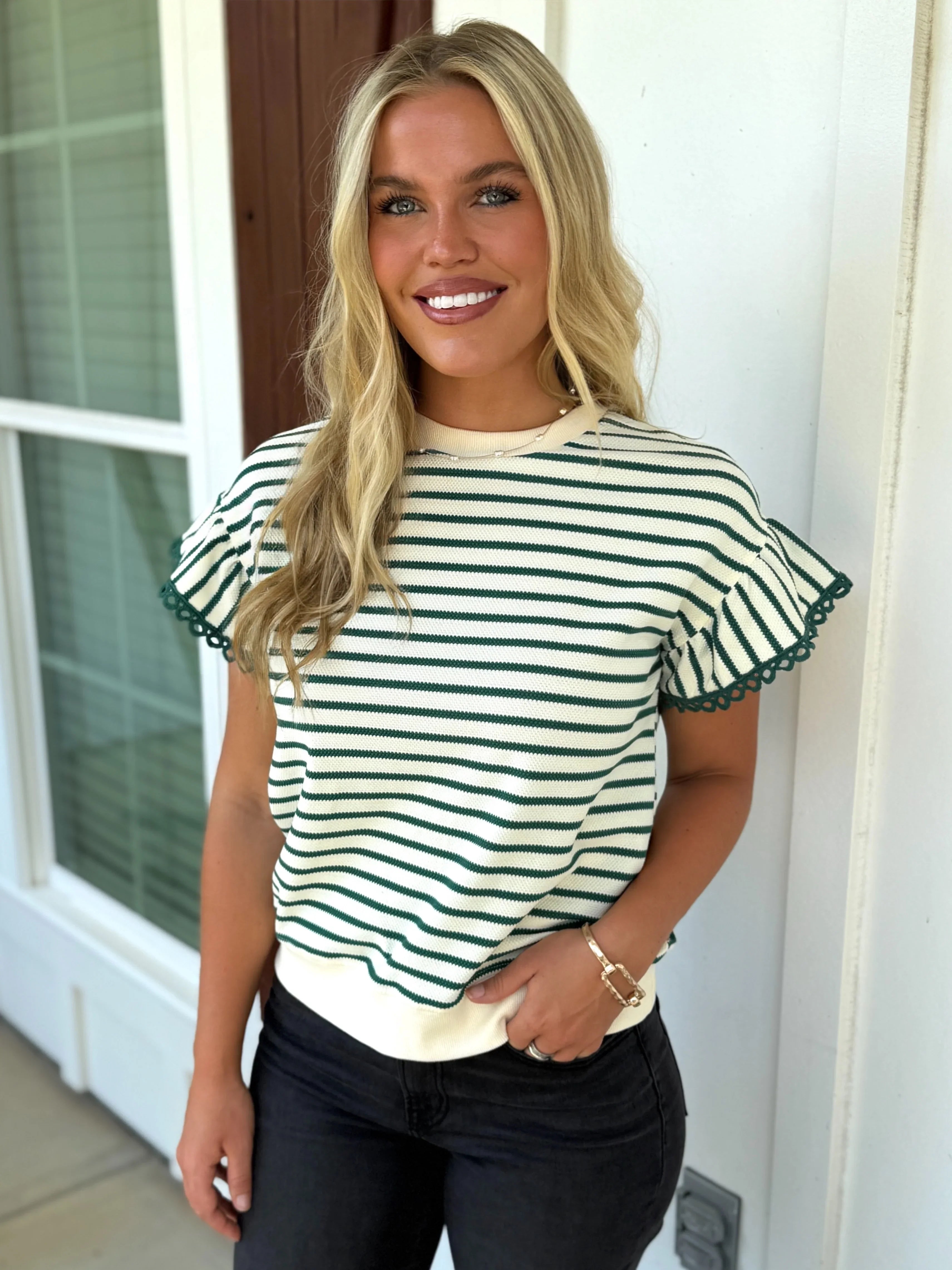 TATUM Green Striped Top With Ruffle Sleeves - Sassy and Southern