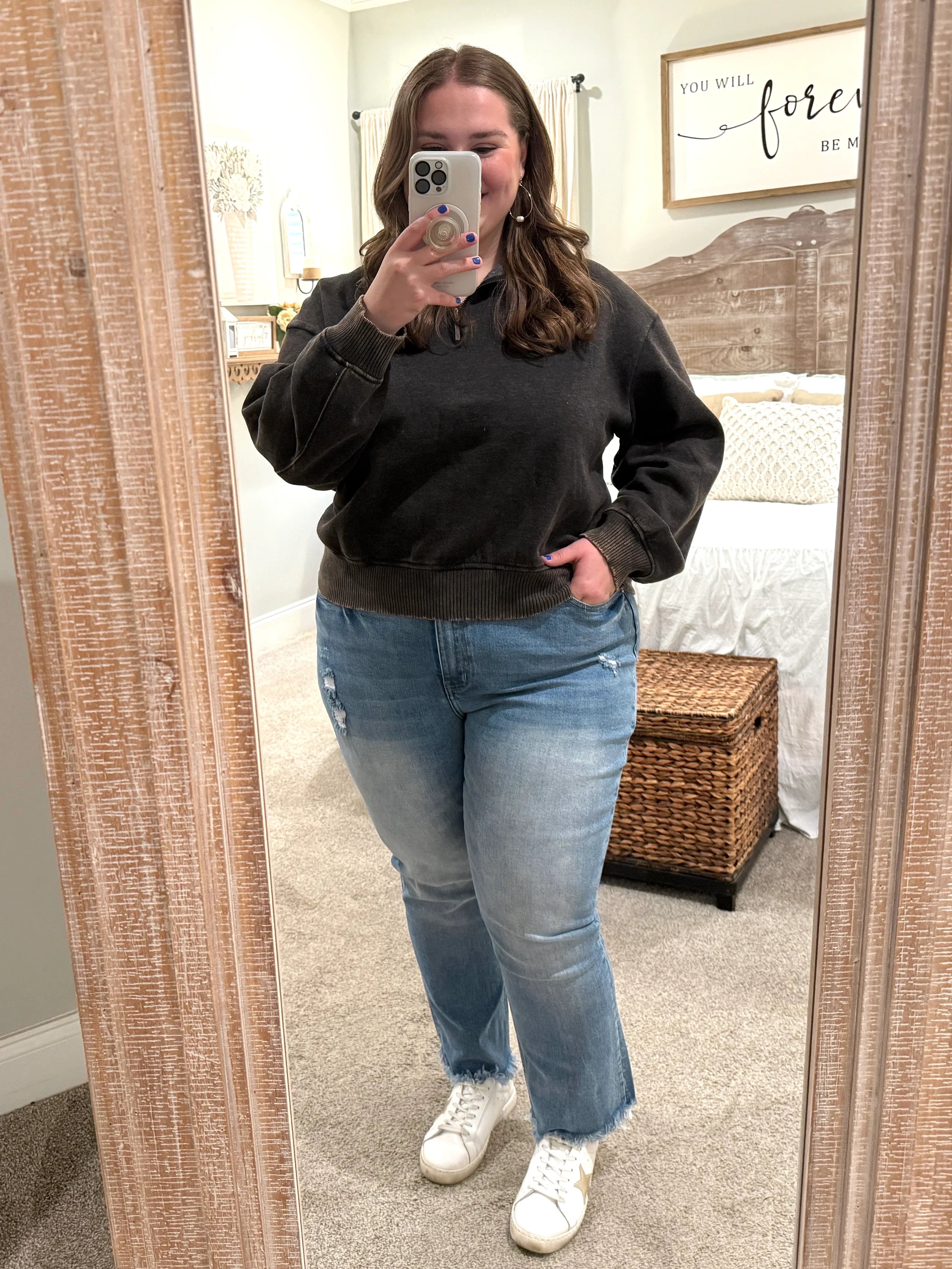 AVERY Plus Size Half Zip Pullover-Acid Washed (Ash Black) - Sassy and Southern