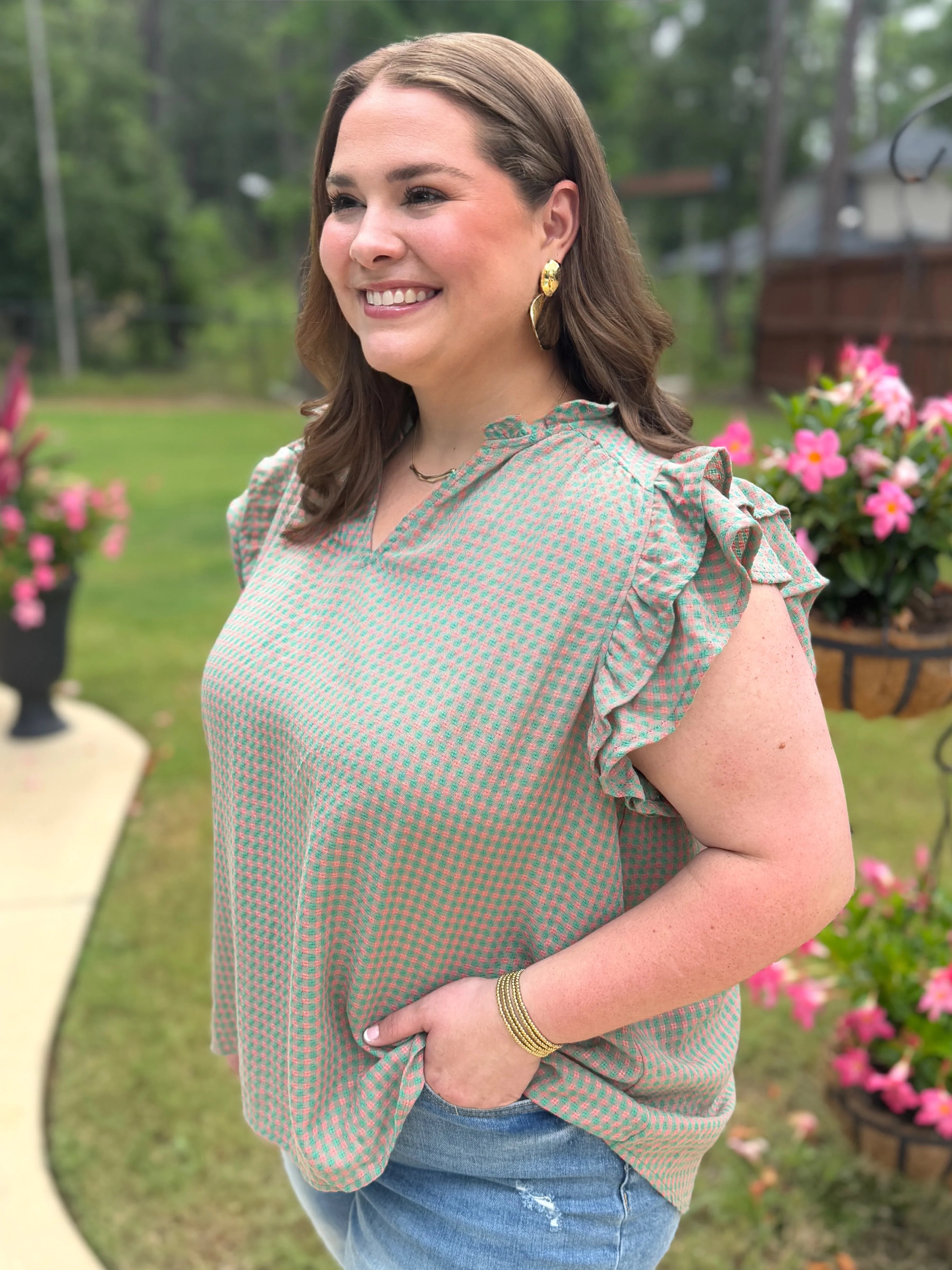ADDISON Plus Size Pink/Green Gingham Top - Sassy and Southern