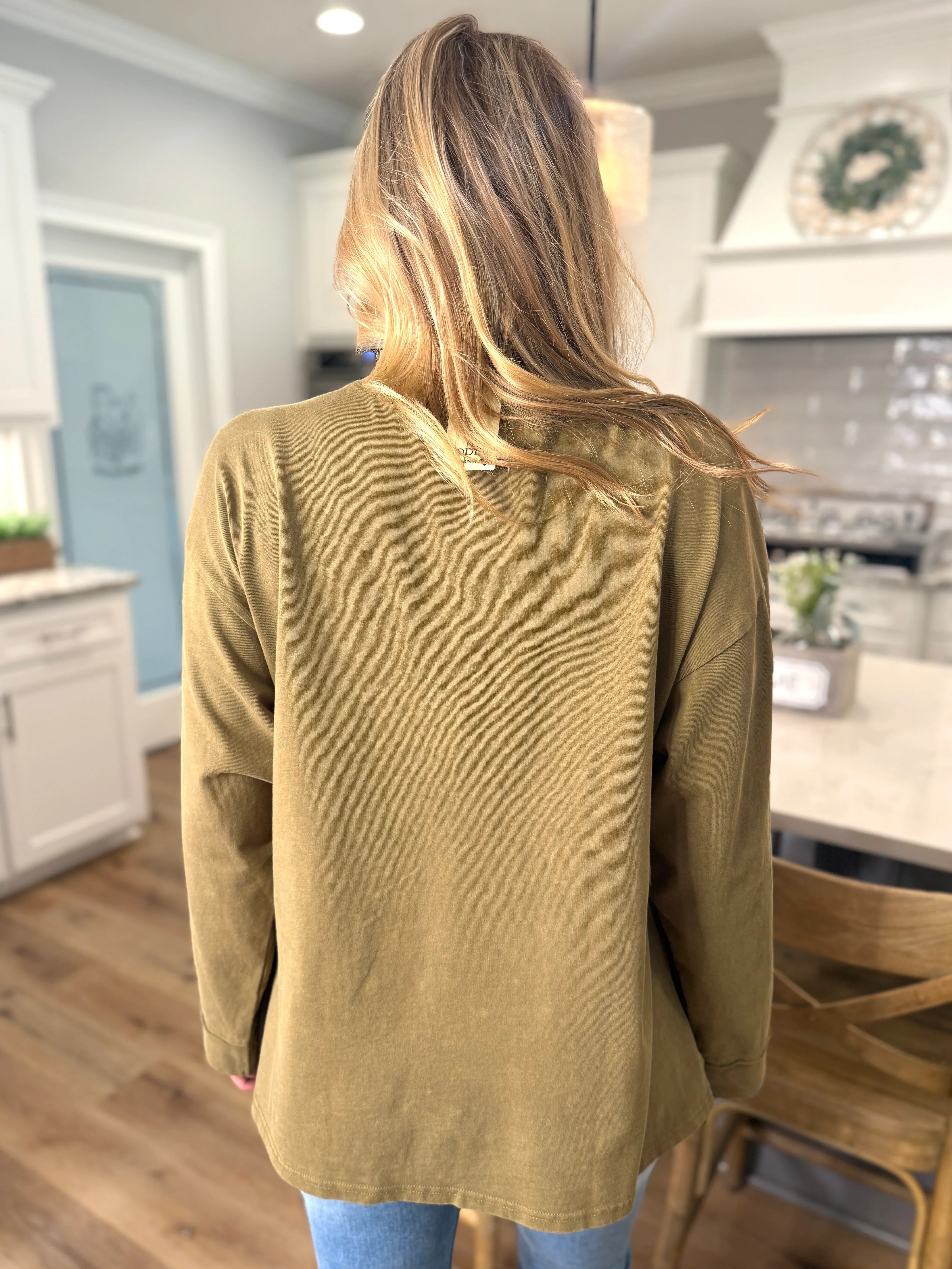 EMMA Oversized Olive Flower Patch Top - Sassy and Southern