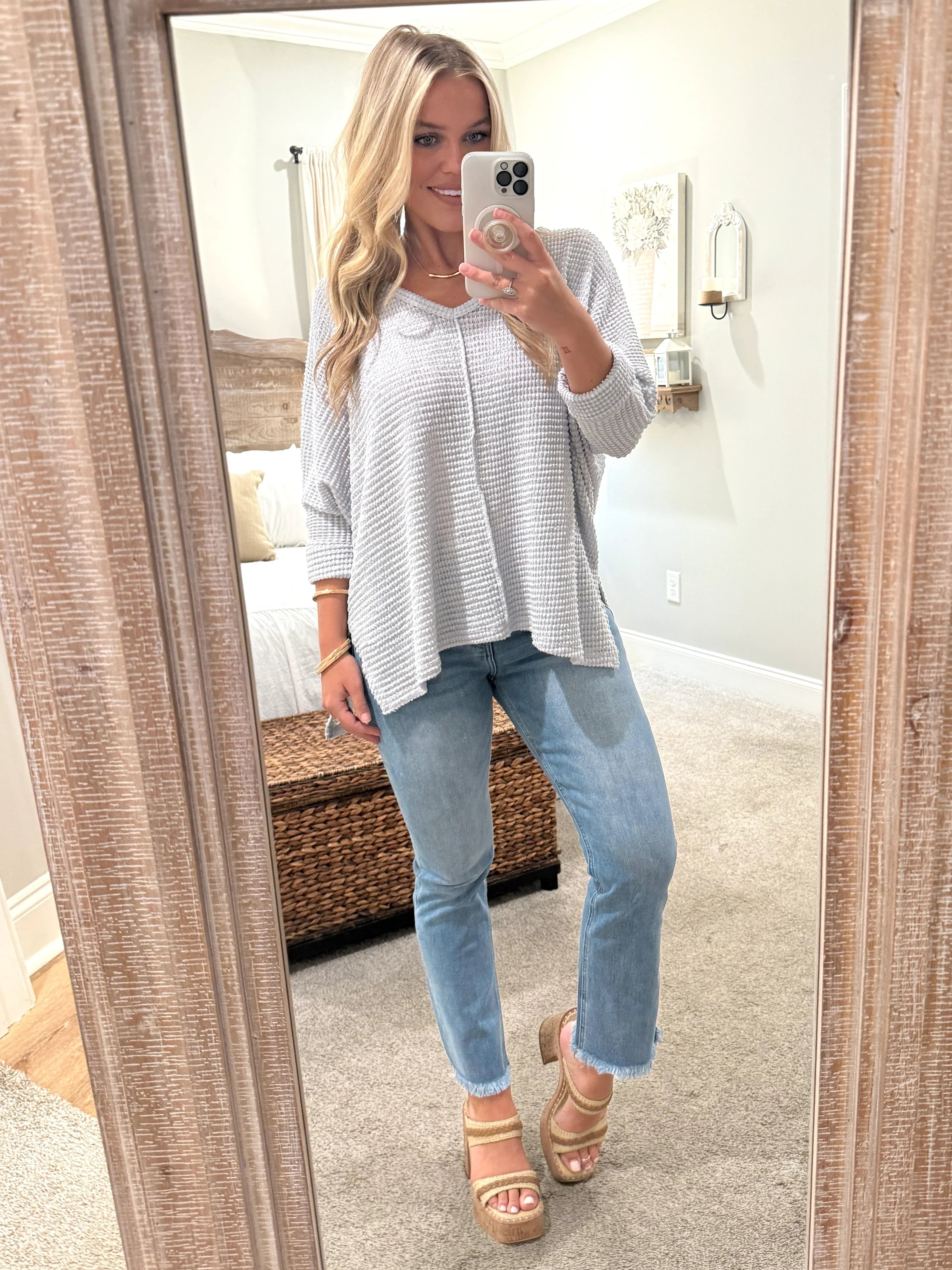 MIA 3/4 Sleeve Lightweight Sweater (Light Grey) - Sassy and Southern