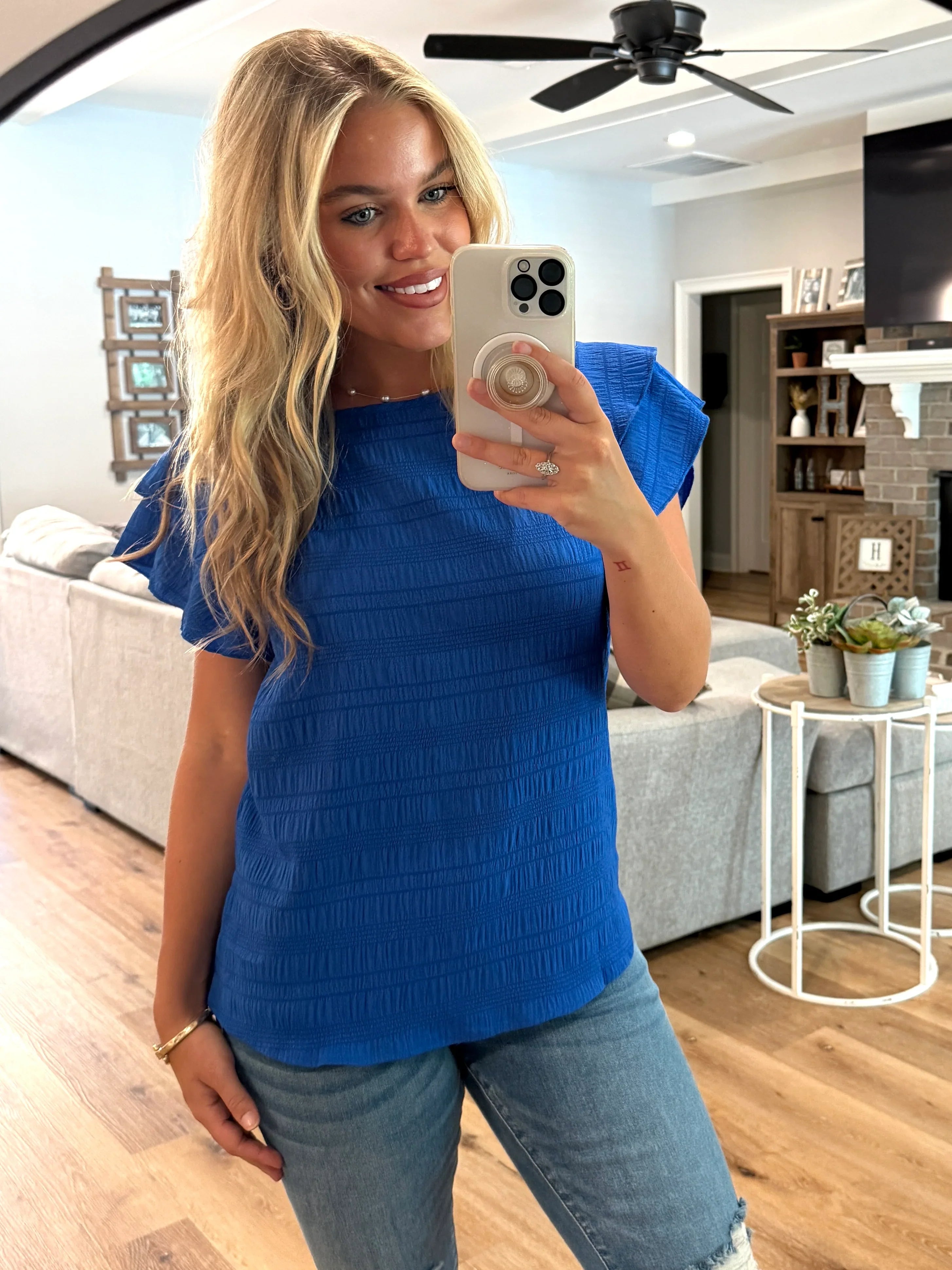 RAELYNN Textured Ruffle Blue Top - Sassy and Southern