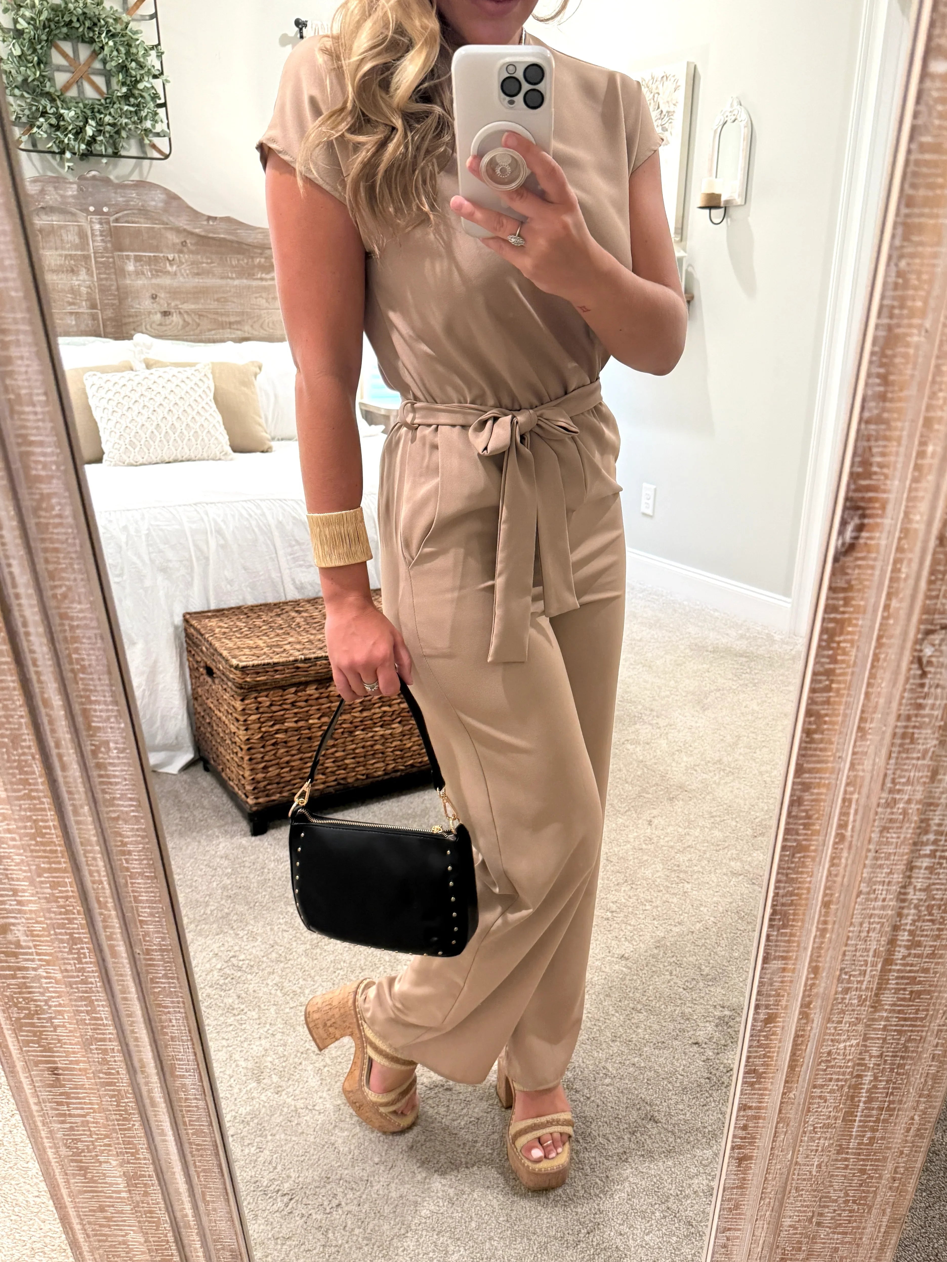EMILY Jumpsuit With Waist Tie Belt (Mocha) - Sassy and Southern