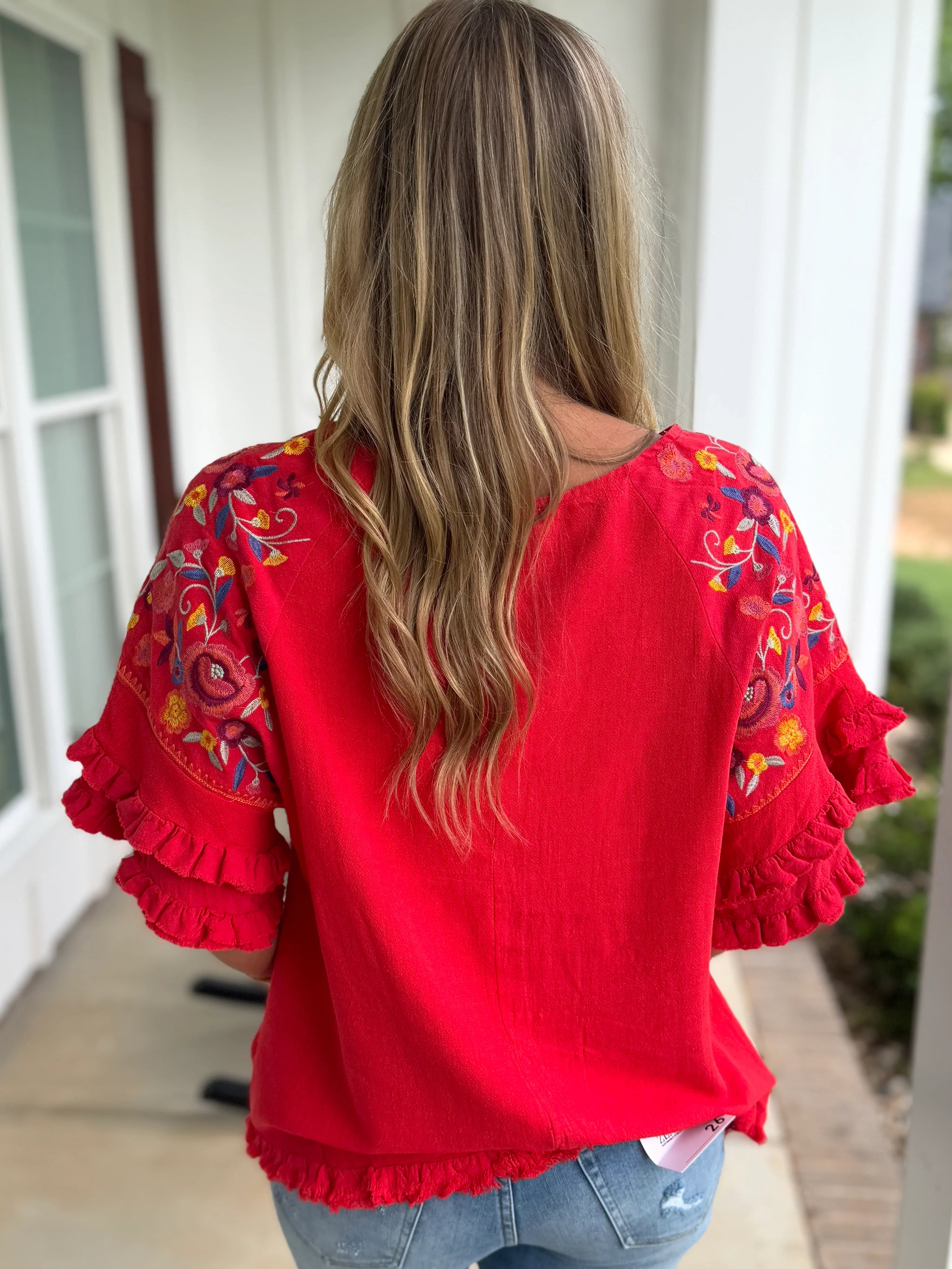 STEVIE Red Embroidered Sleeve Ruffle Top (S-2X) - Sassy and Southern