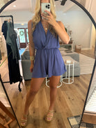 GIANNA Draped Romper (Blue) - Sassy and Southern