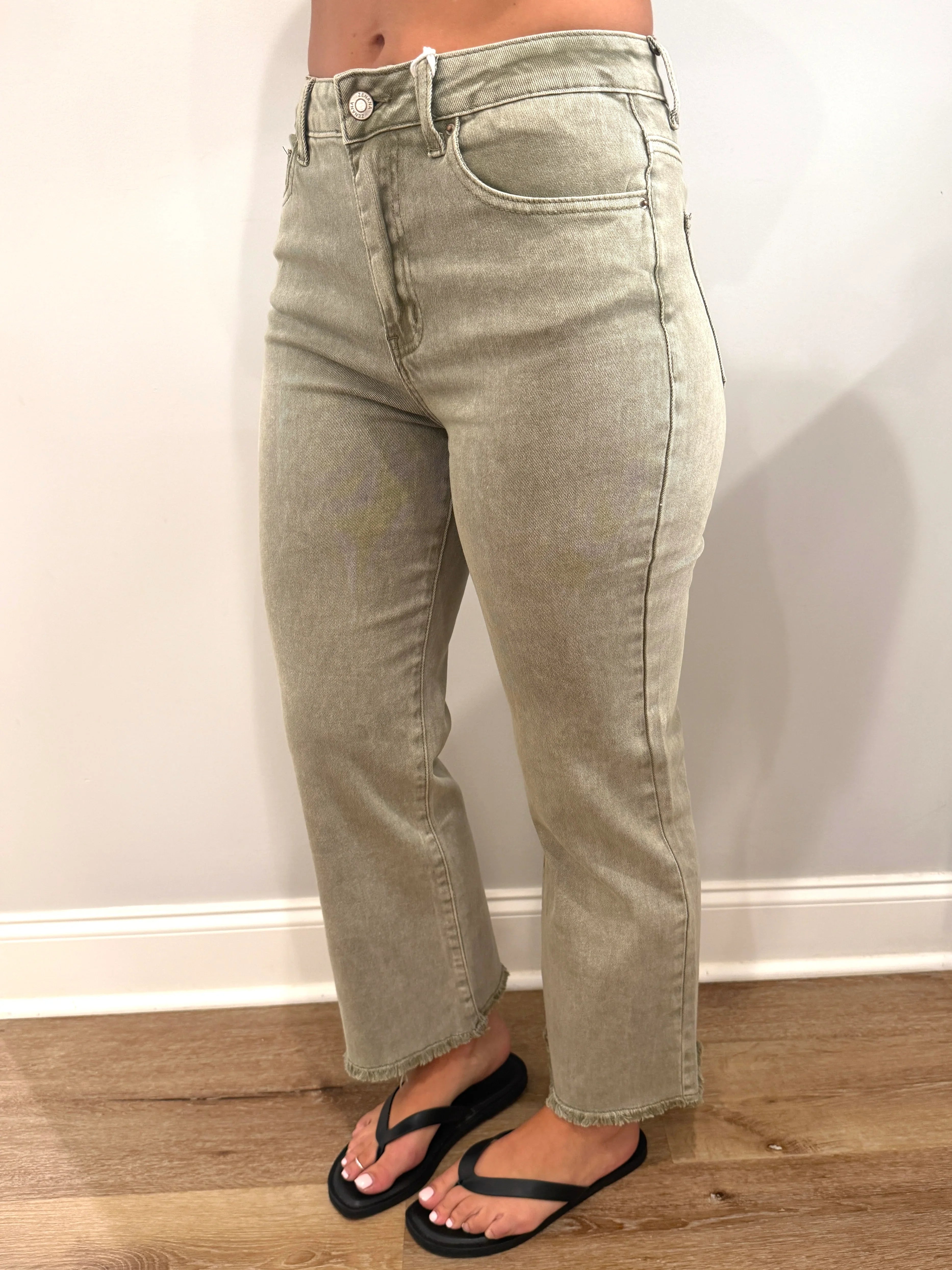 PARKER High Waist Frayed Hem Jeans (Light Olive) - Sassy and Southern