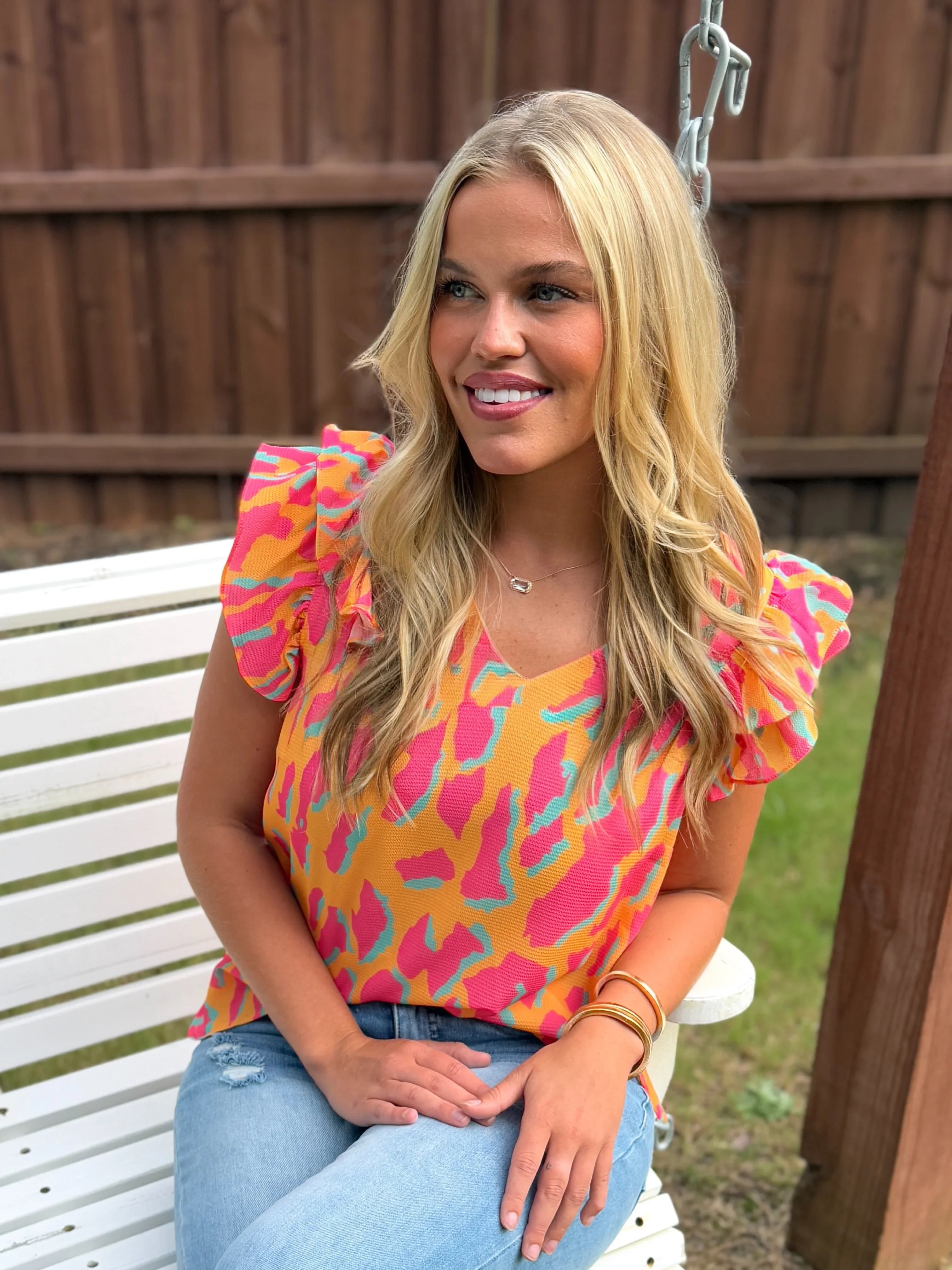 SYDNEY Abstract Print Ruffle Top (S-2X) - Sassy and Southern