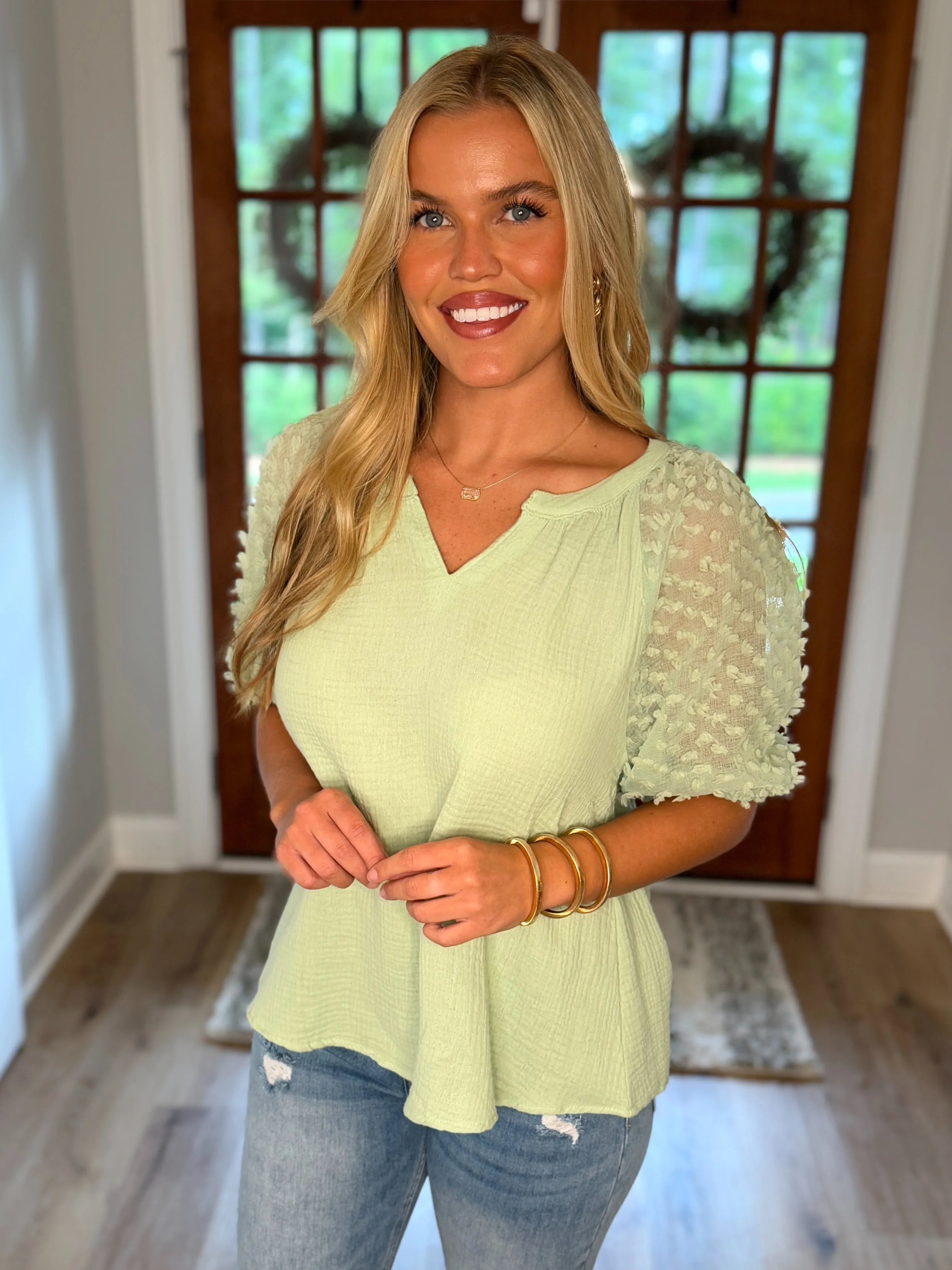 HOPE Puff Sleeve Linen Top (Sage) (S-2X) - Sassy and Southern