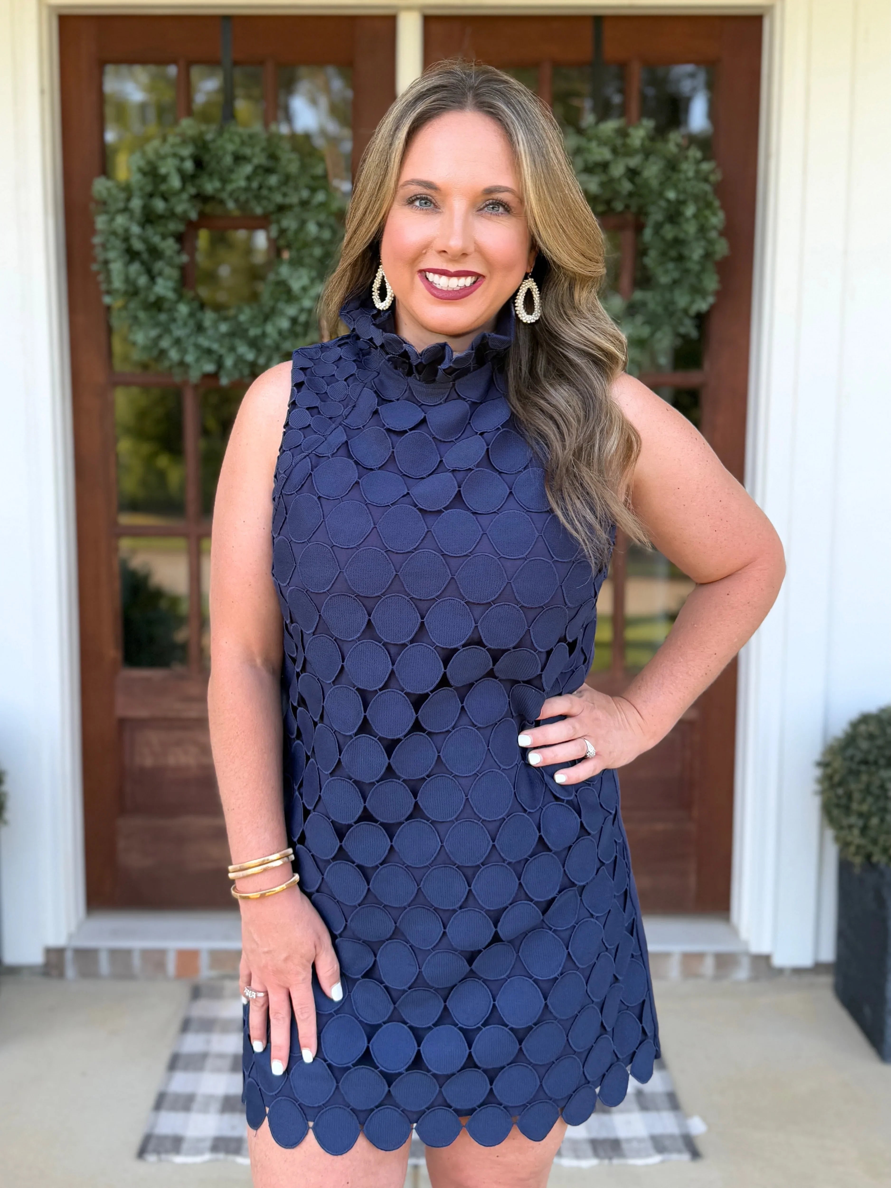 QUINN Sleeveless Polka Dot Lace Dress (Navy) - Sassy and Southern