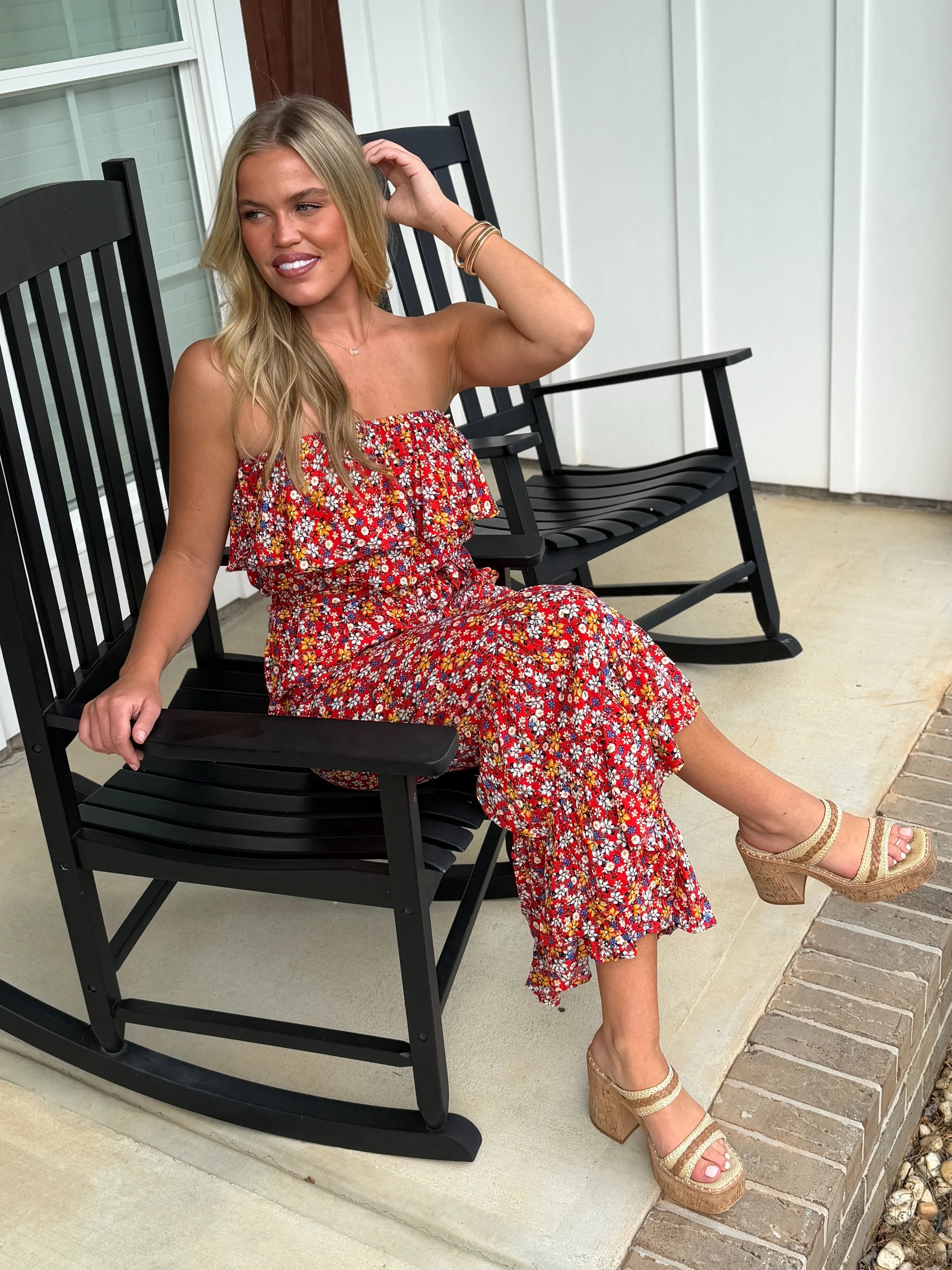MARIA Floral Print Strapless Jumpsuit (Red mix) - Sassy and Southern