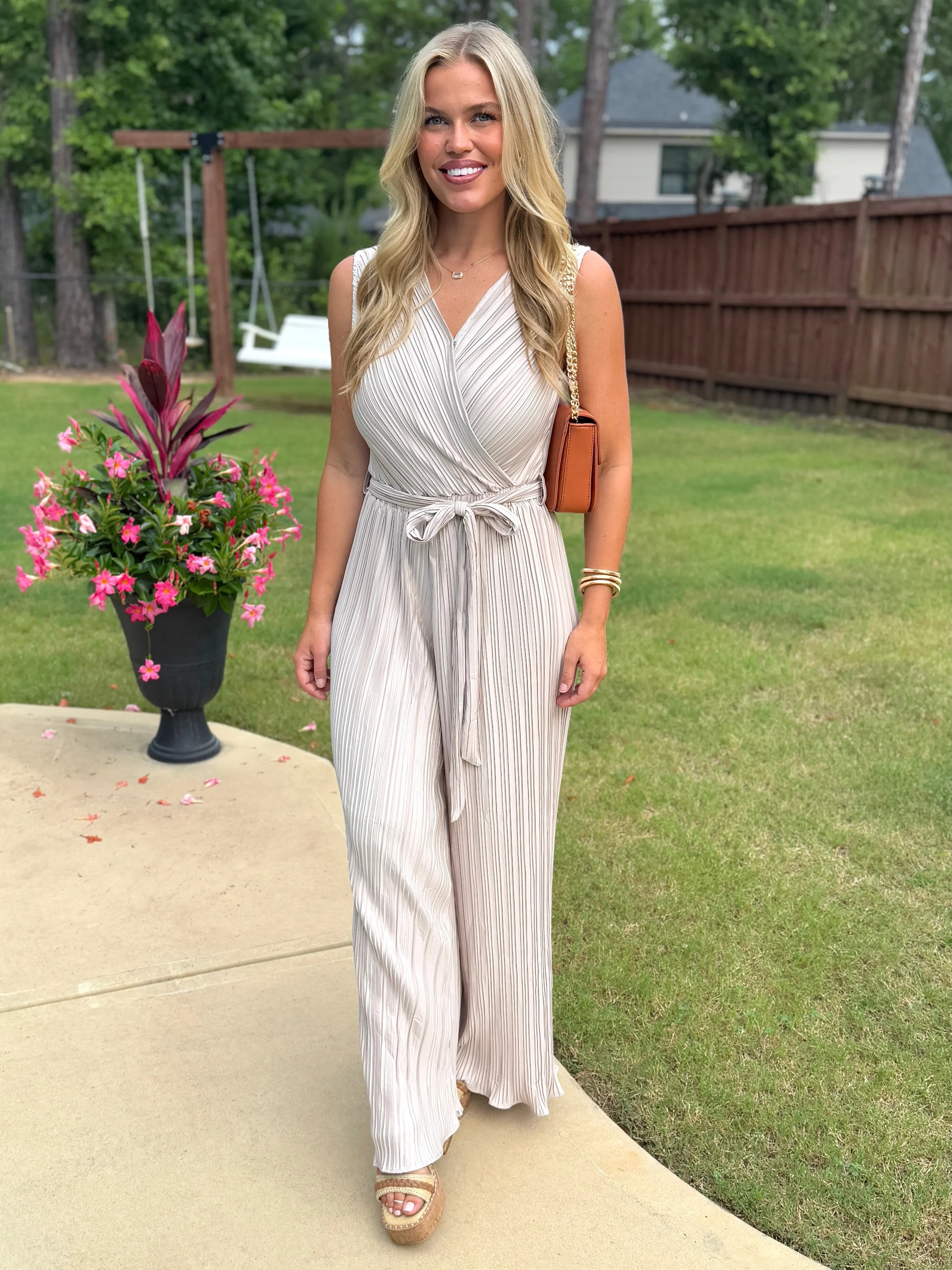 KYLIE Sleeveless Crinkle Jumpsuit (Taupe) - Sassy and Southern