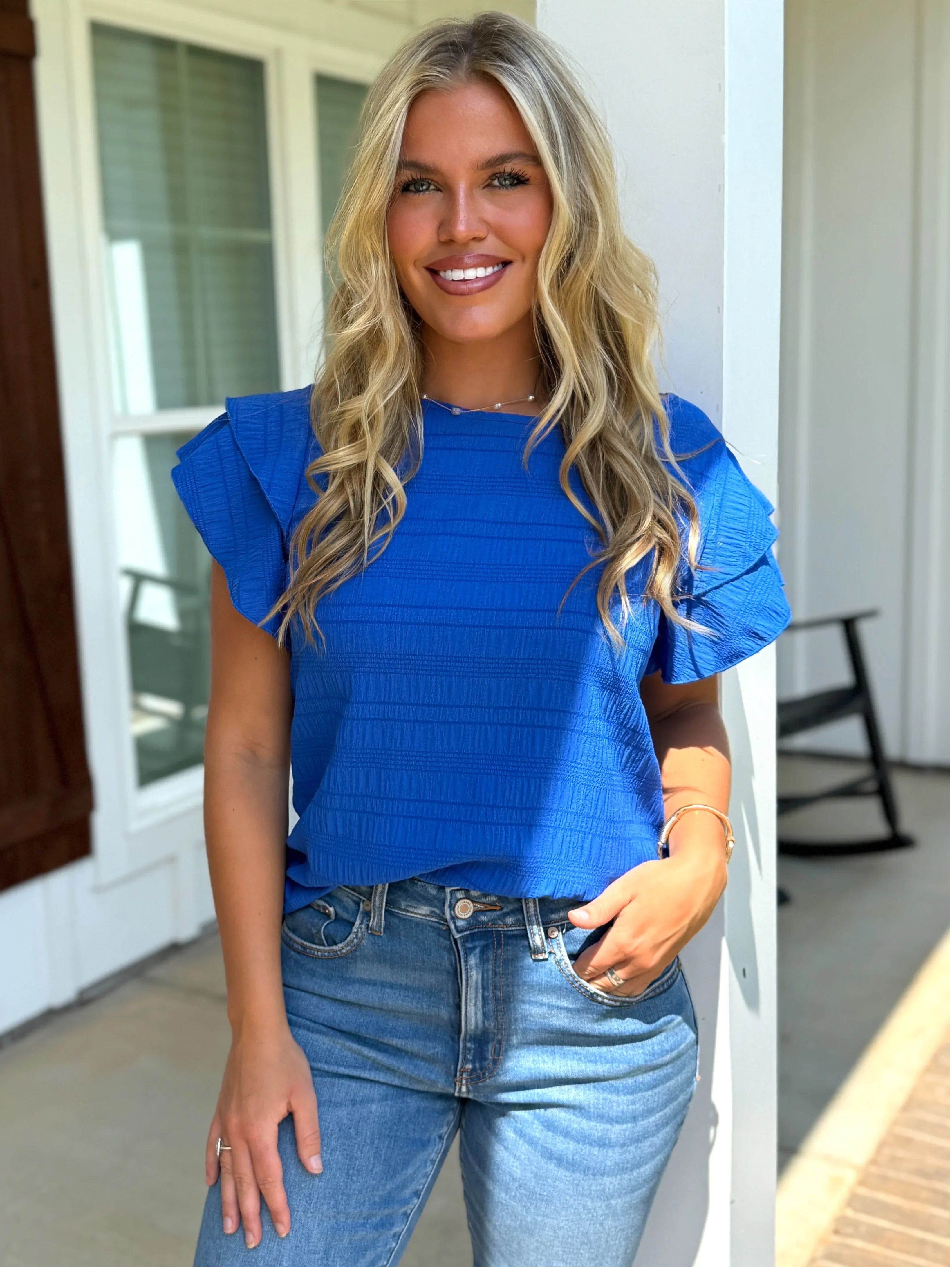 RAELYNN Textured Ruffle Blue Top - Sassy and Southern