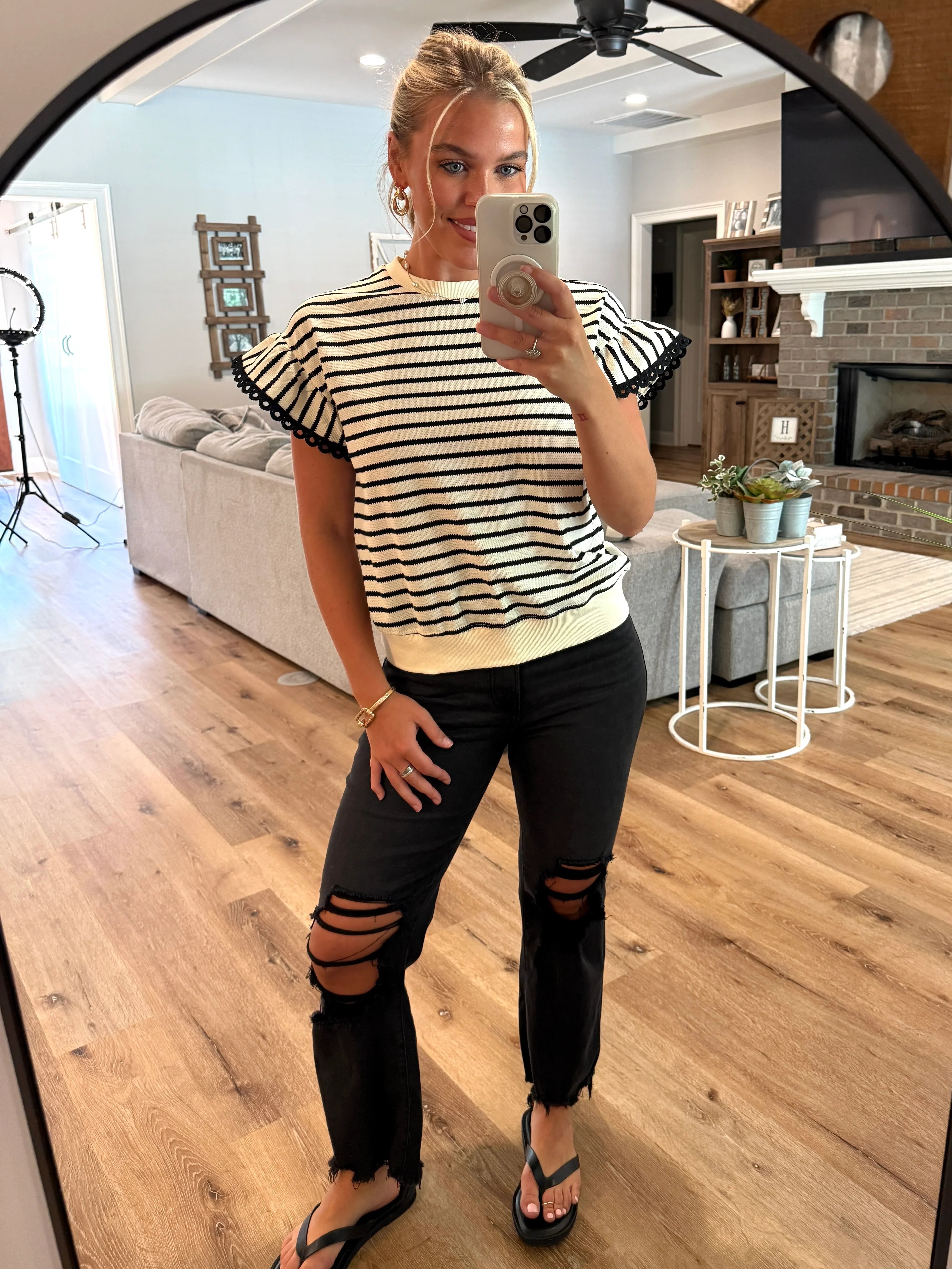 TATUM Black Striped Top With Ruffle Sleeves - Sassy and Southern