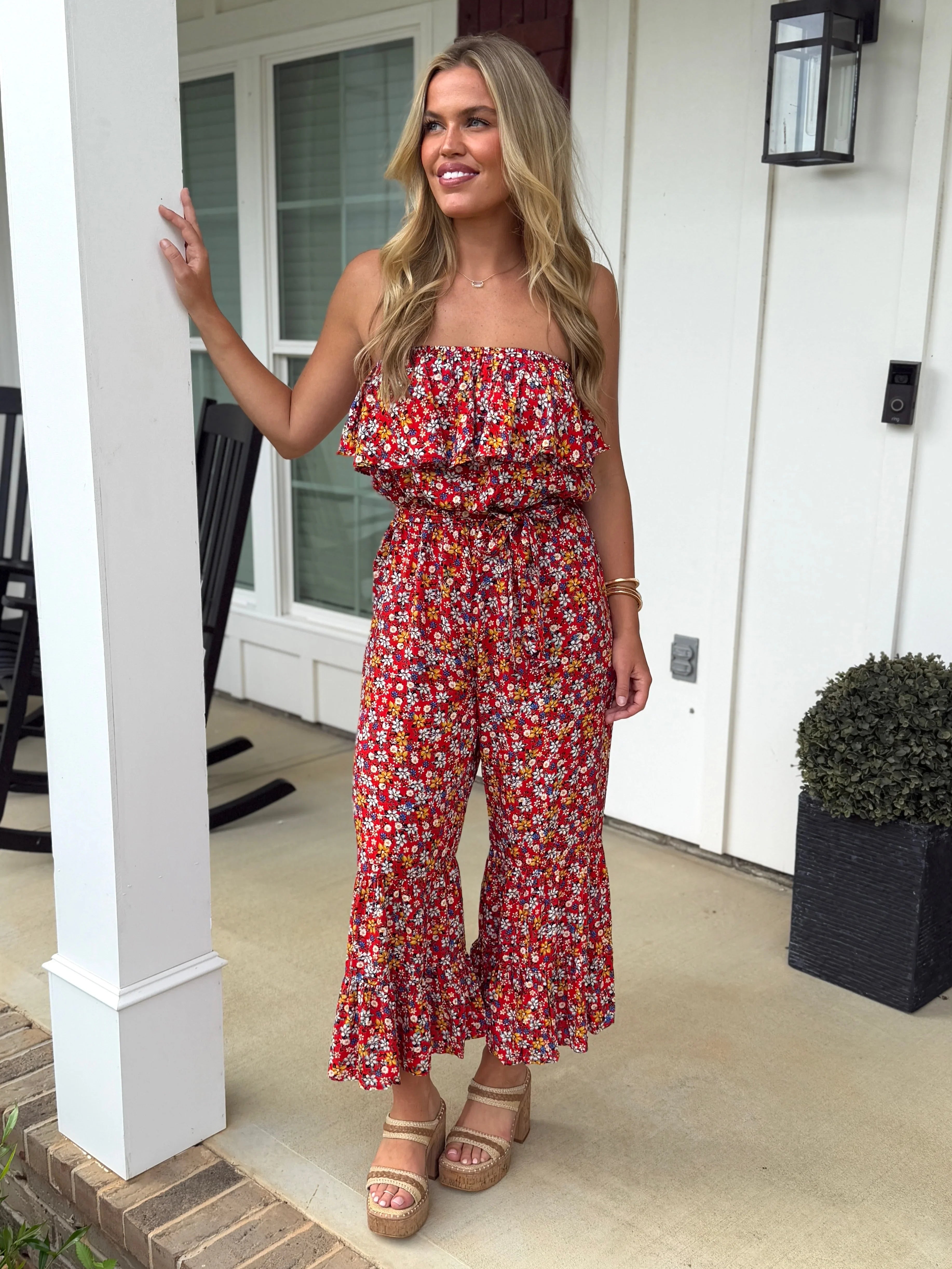 MARIA Floral Print Strapless Jumpsuit (Red mix) - Sassy and Southern