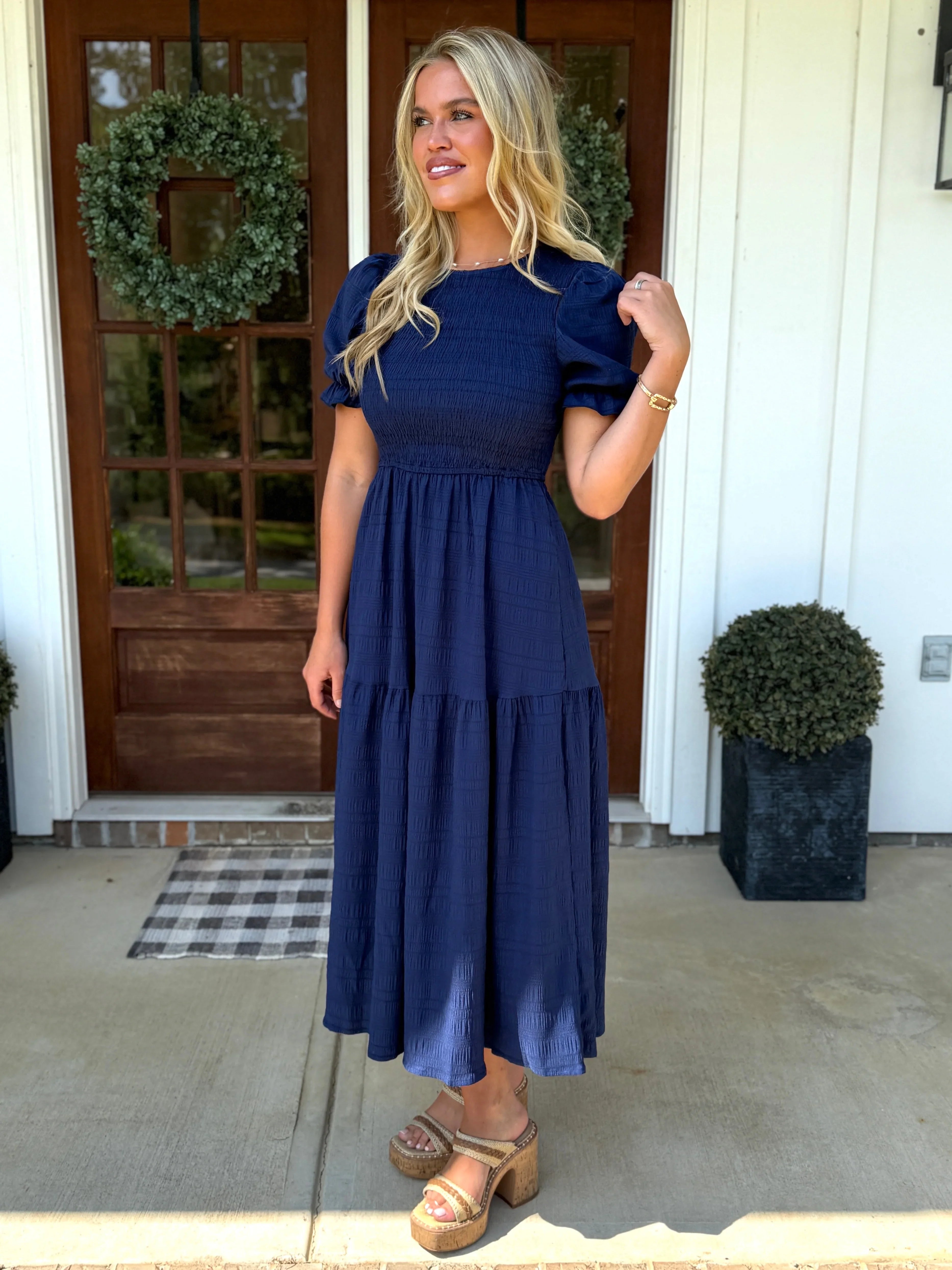 ARIEL Long Textured/Smocked Dress in Blue - Sassy and Southern