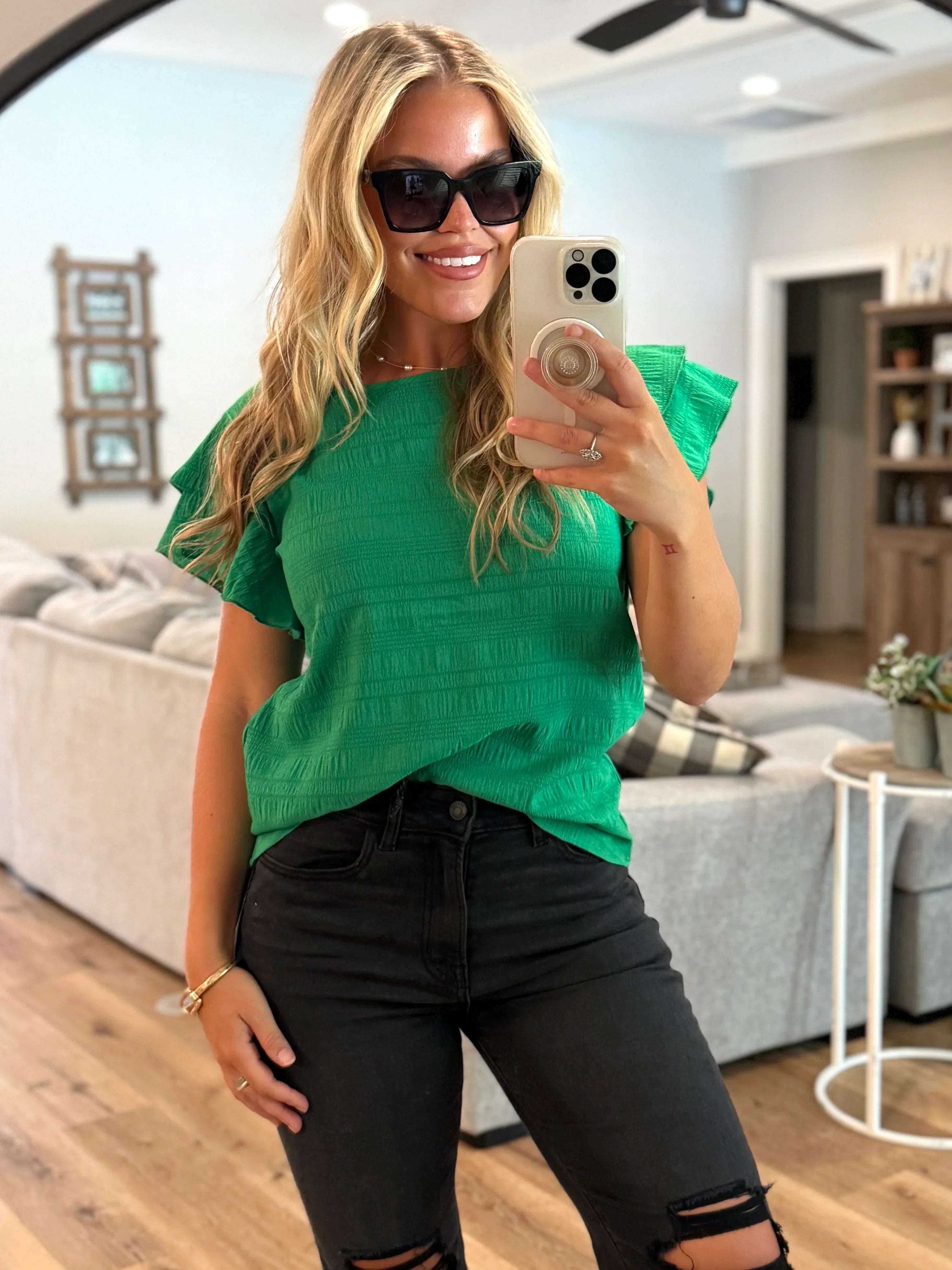 RAELYNN Textured Ruffle Green Top - Sassy and Southern