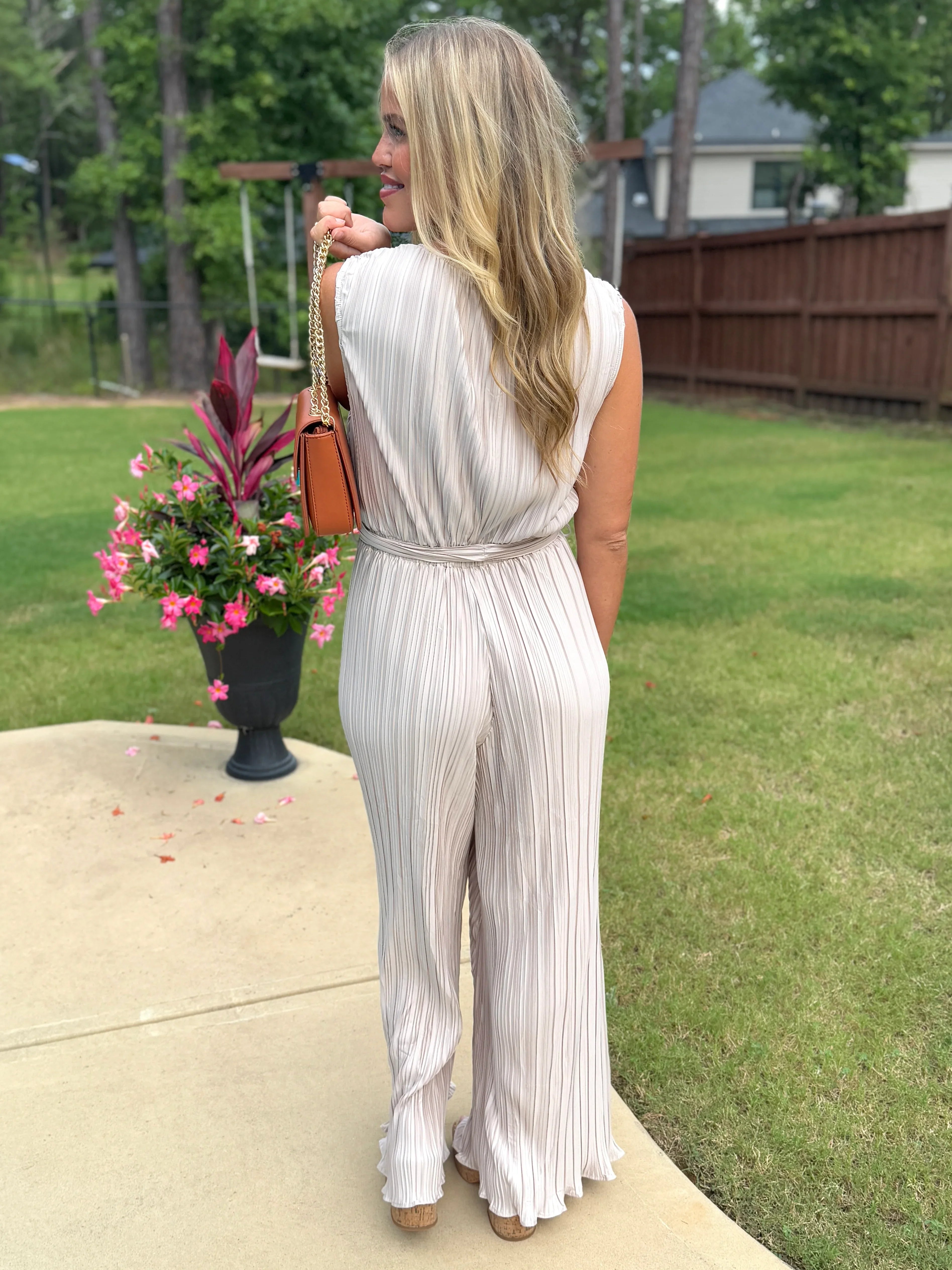 KYLIE Sleeveless Crinkle Jumpsuit (Taupe) - Sassy and Southern