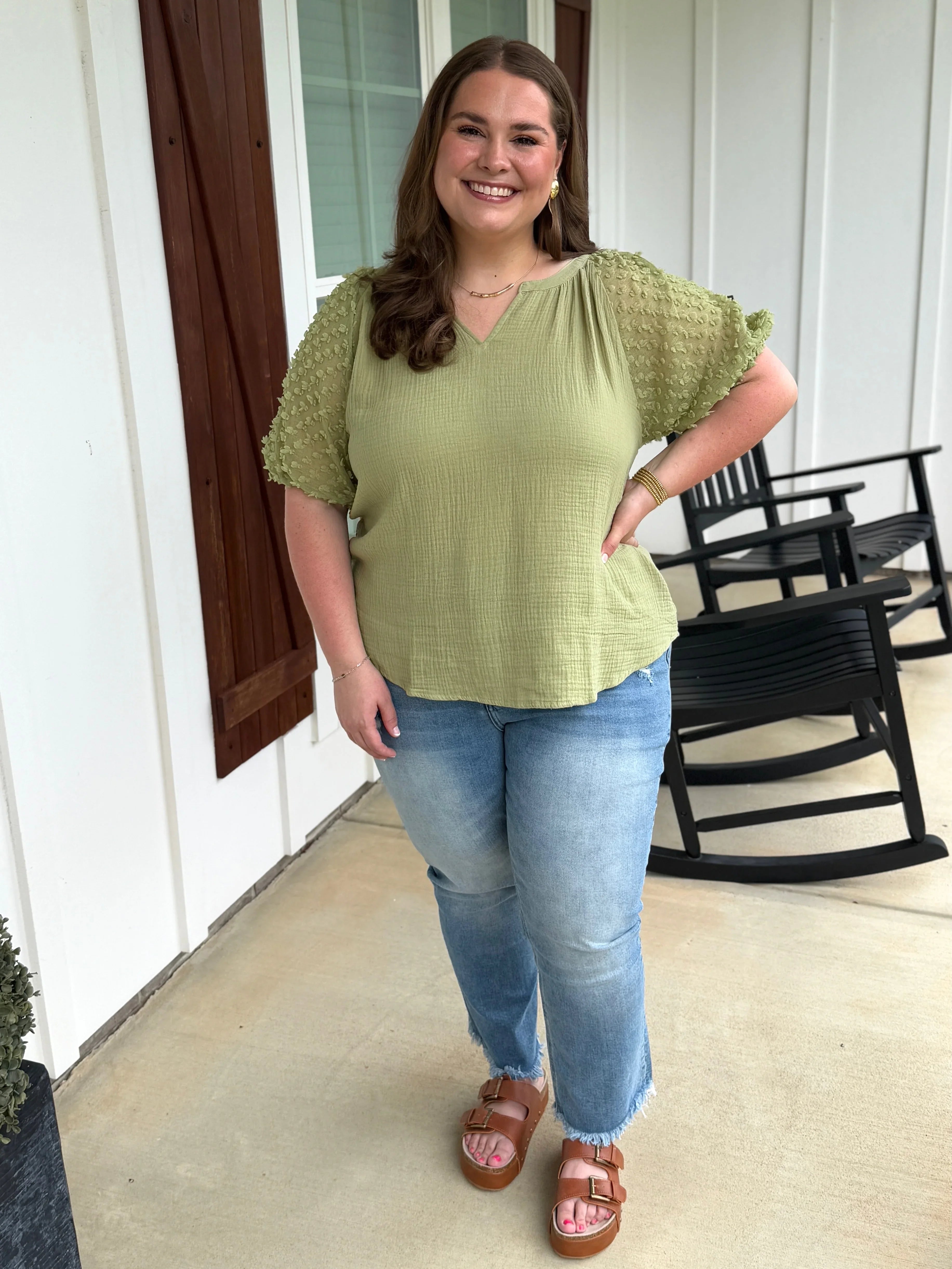 HOPE Puff Sleeve Linen Top (Sage) (S-2X) - Sassy and Southern