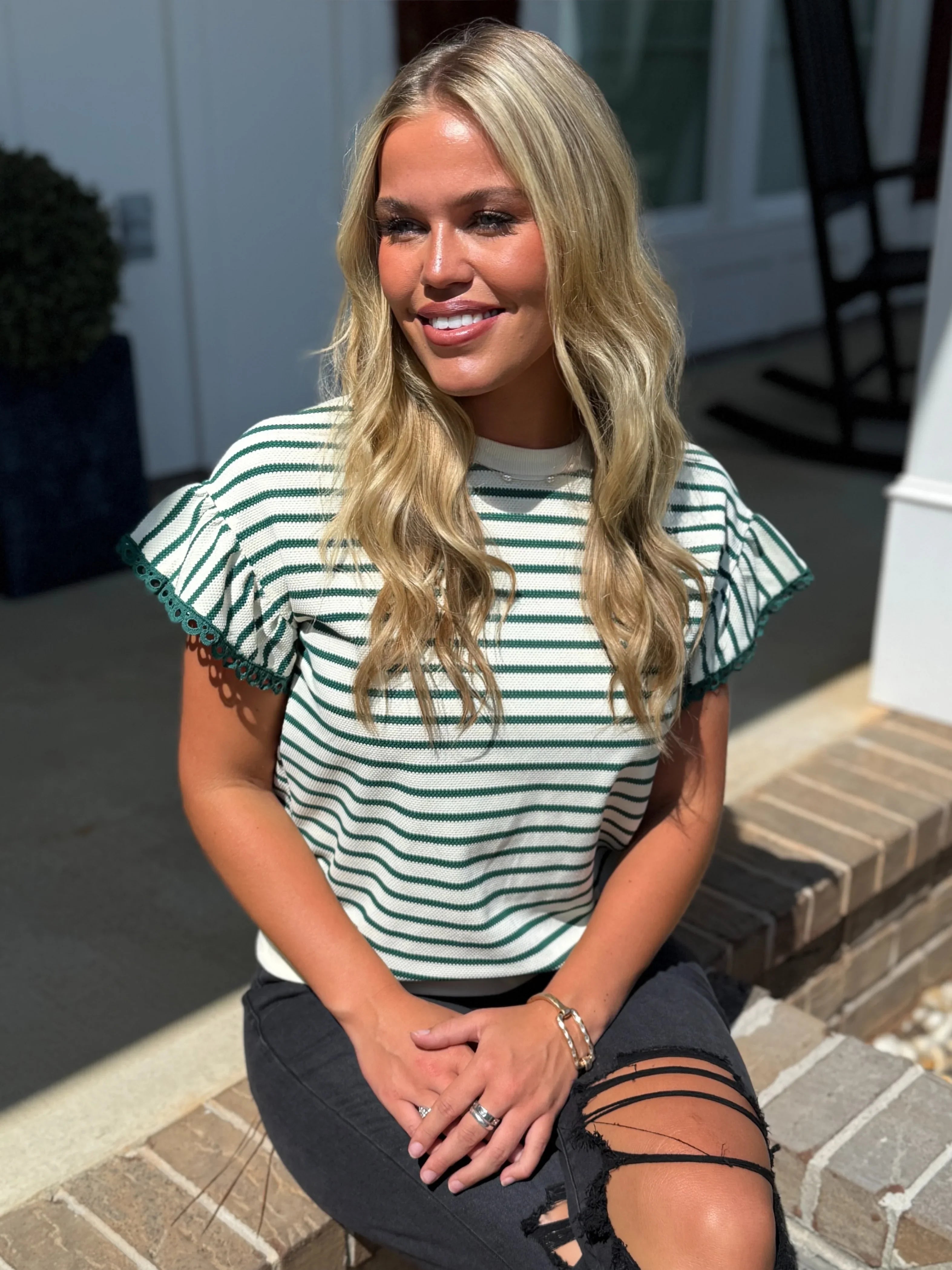 TATUM Green Striped Top With Ruffle Sleeves - Sassy and Southern