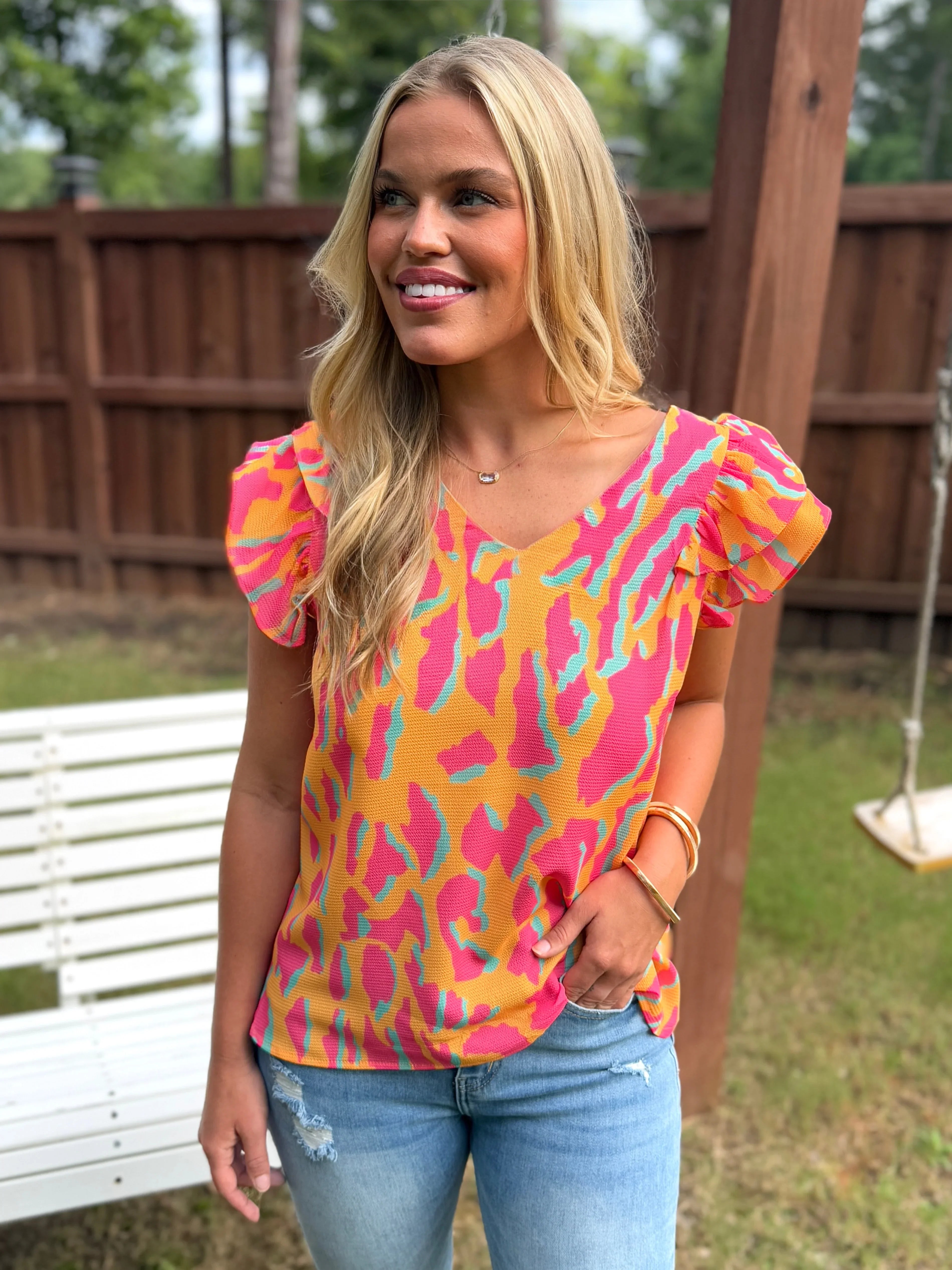SYDNEY Abstract Print Ruffle Top (S-2X) - Sassy and Southern