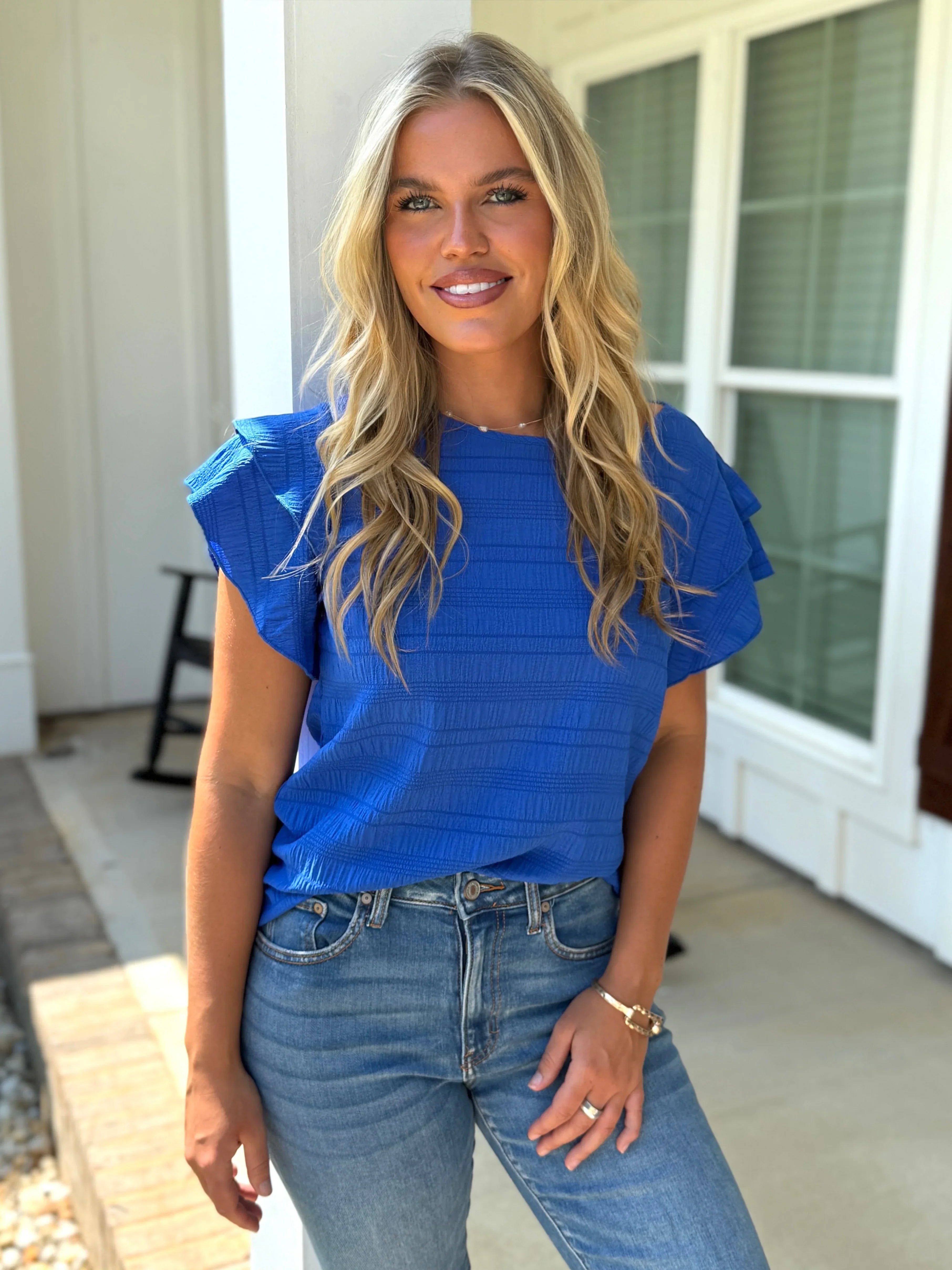 RAELYNN Textured Ruffle Blue Top - Sassy and Southern