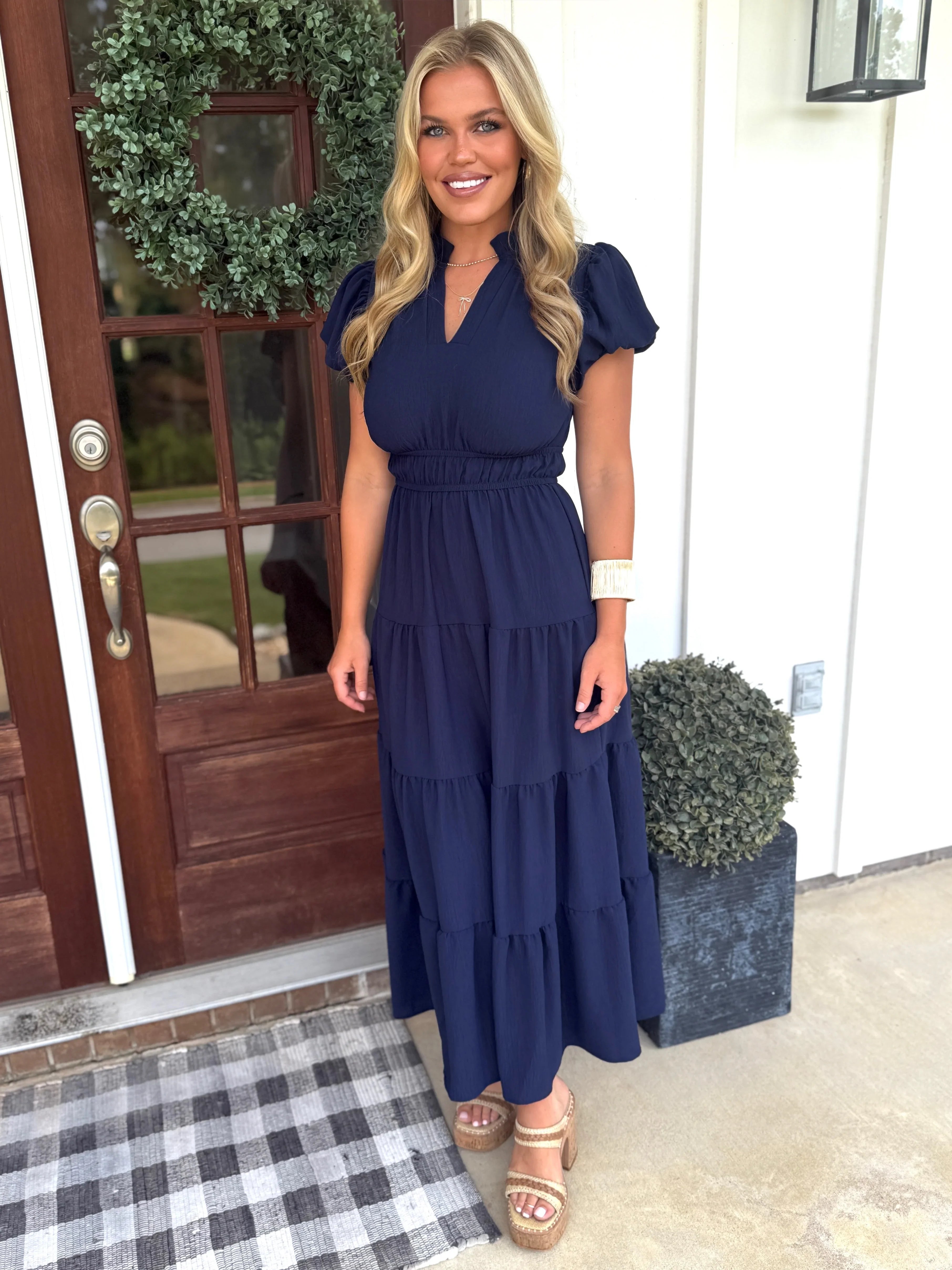 SOPHIE Long Tiered Dress (Navy Blue) - Sassy and Southern
