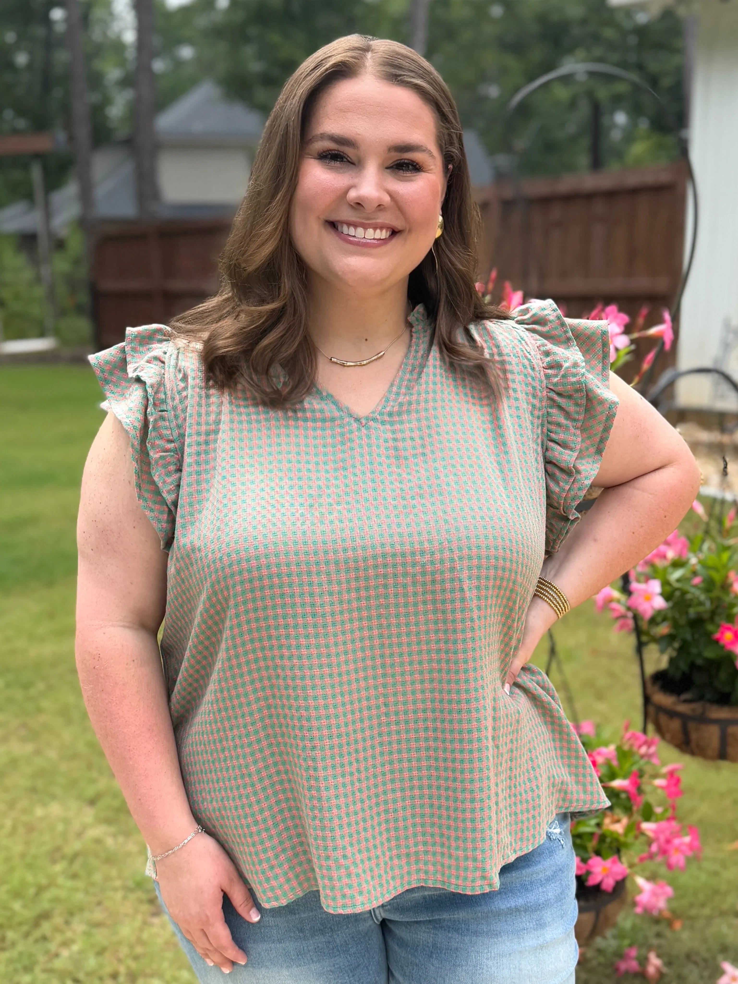 ADDISON Plus Size Pink/Green Gingham Top - Sassy and Southern