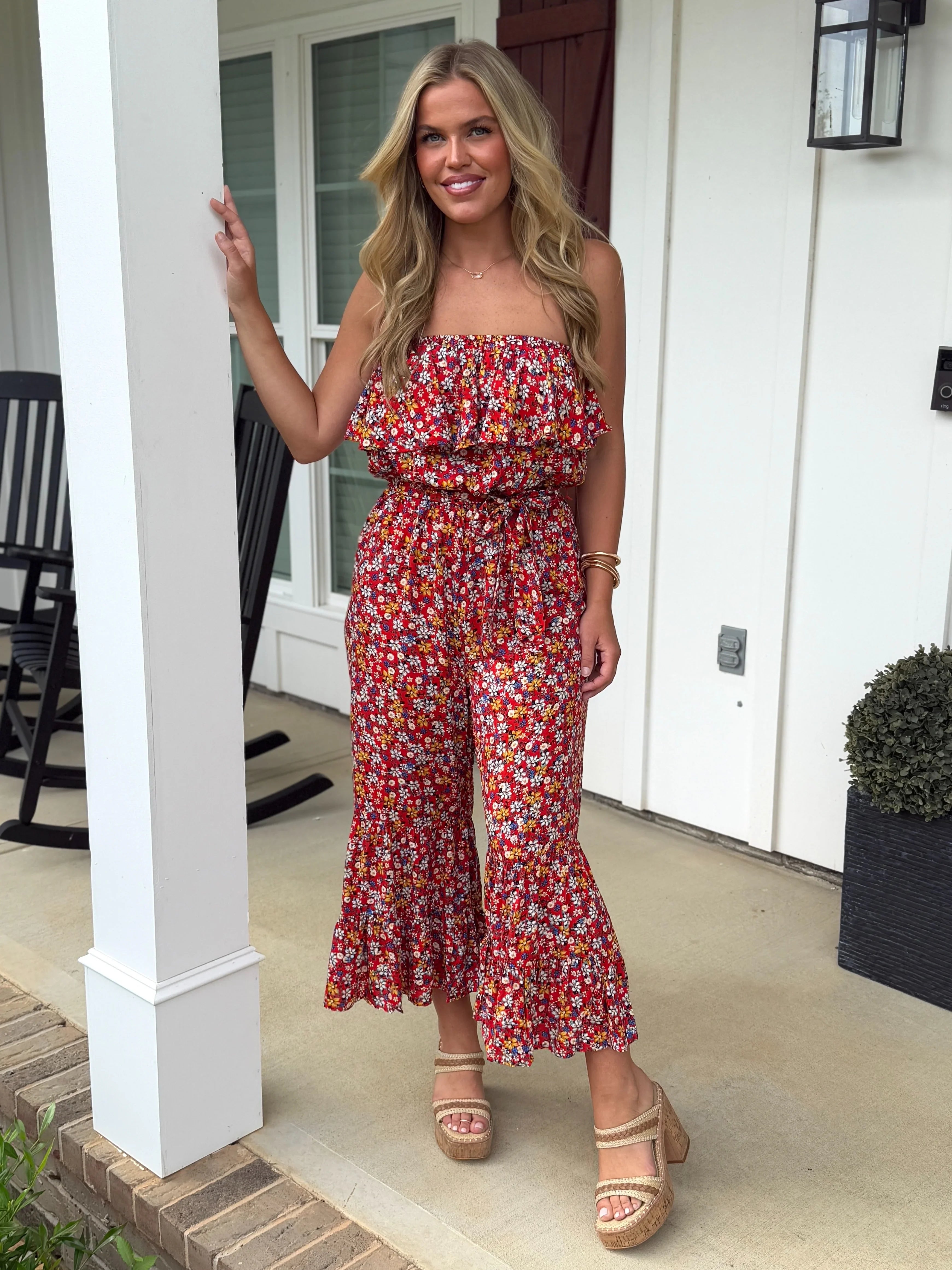 MARIA Floral Print Strapless Jumpsuit (Red mix) - Sassy and Southern