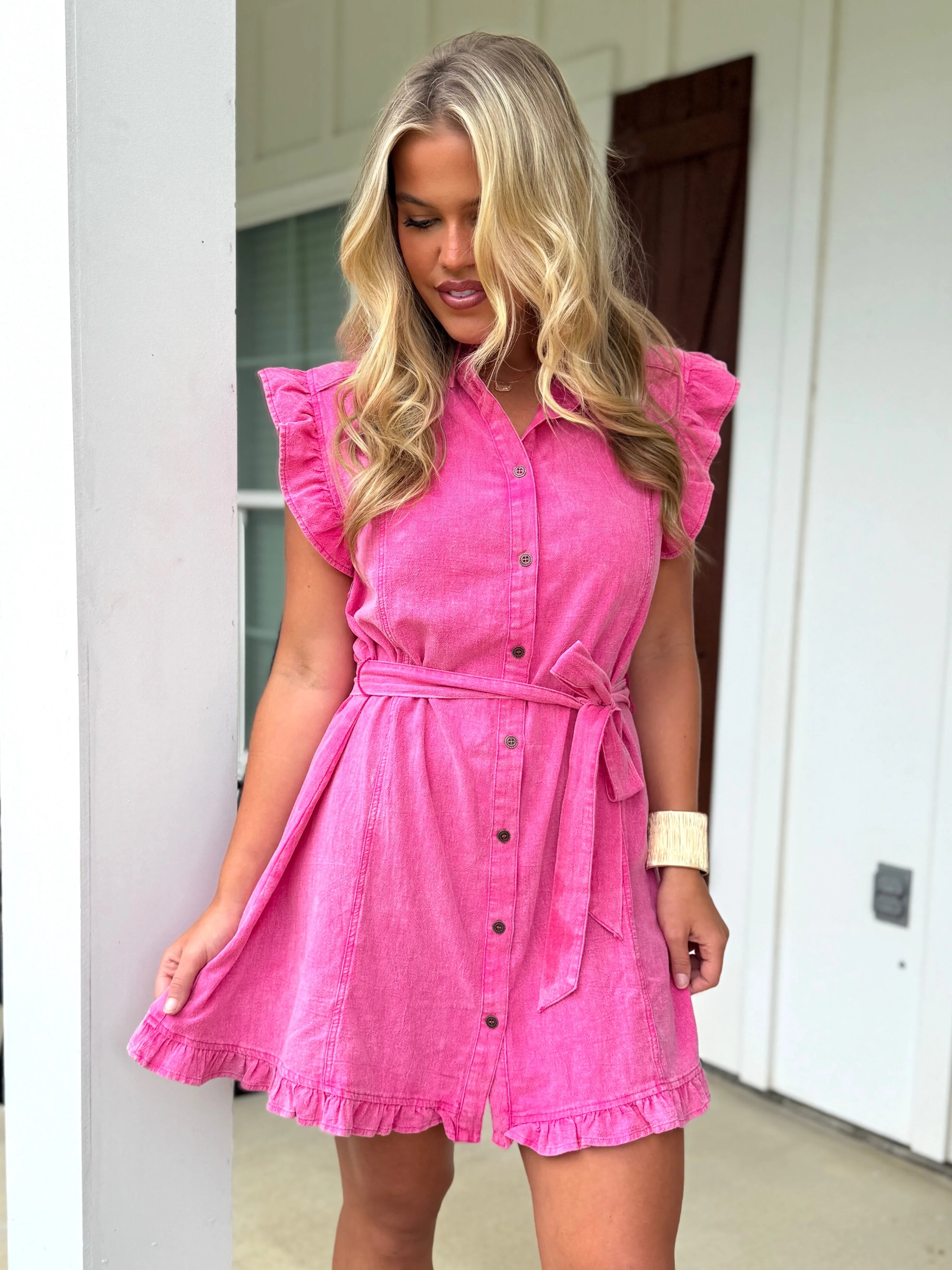 ANNIE Ruffle Button Down Dress (Pink) - Sassy and Southern