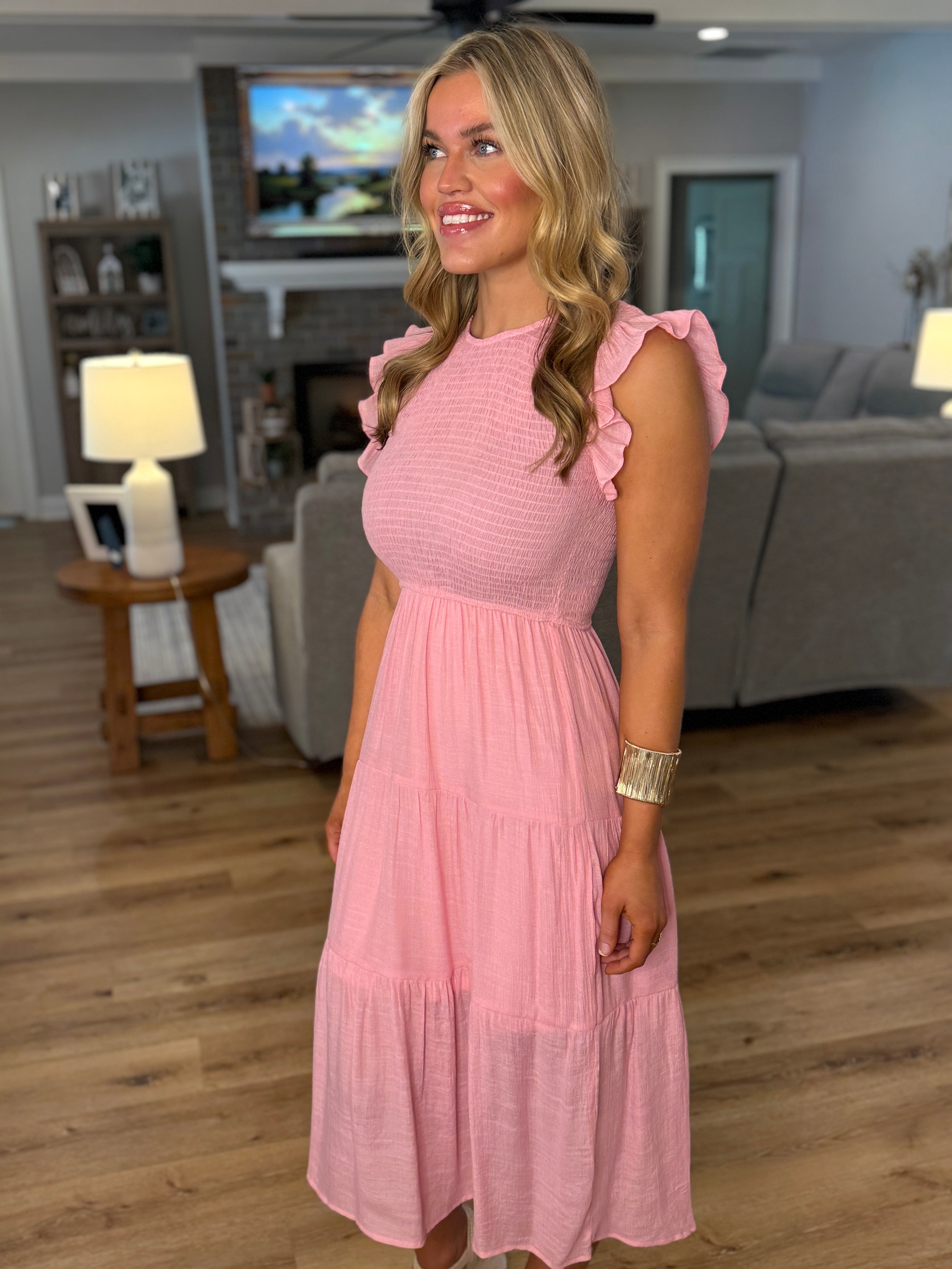 Small NORA Smocked Midi Dress (Pink) Small NORA Smocked Midi Dress (Pink)