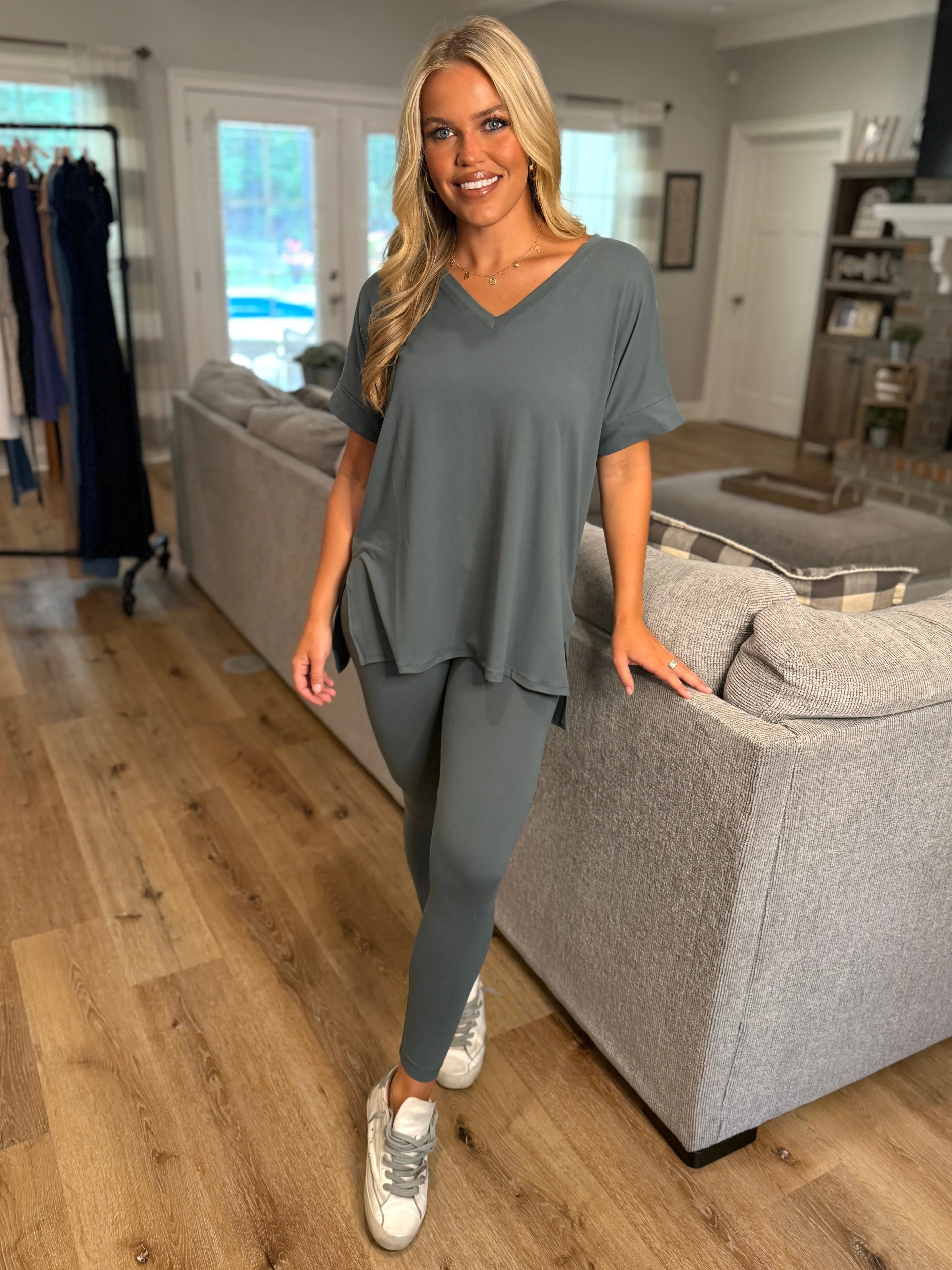 PENELOPE 2-Piece Legging/Top Lounge Set (Sage) (S-3X) - Sassy and Southern
