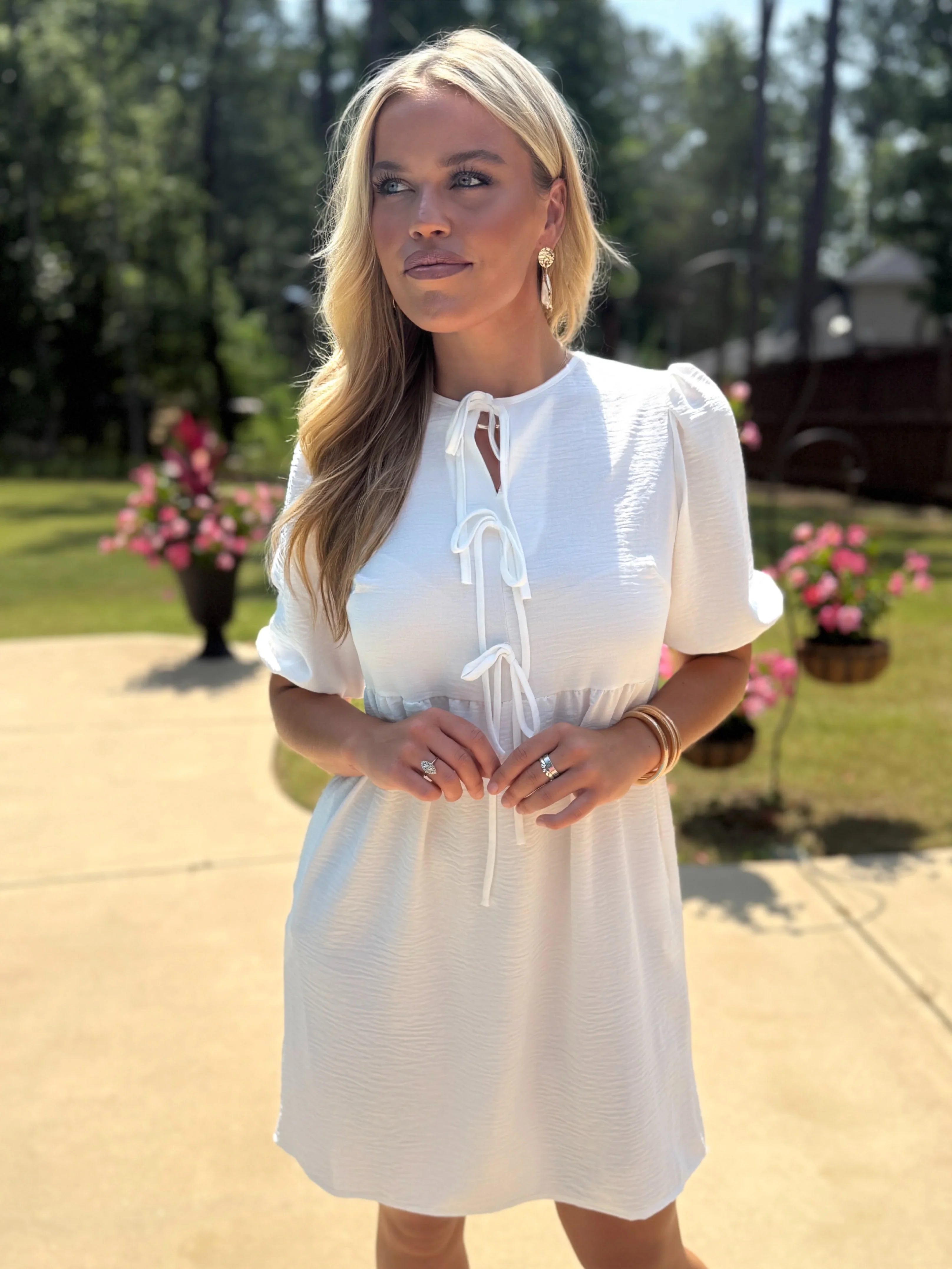 LUCY White Dress With Bow Center - Sassy and Southern