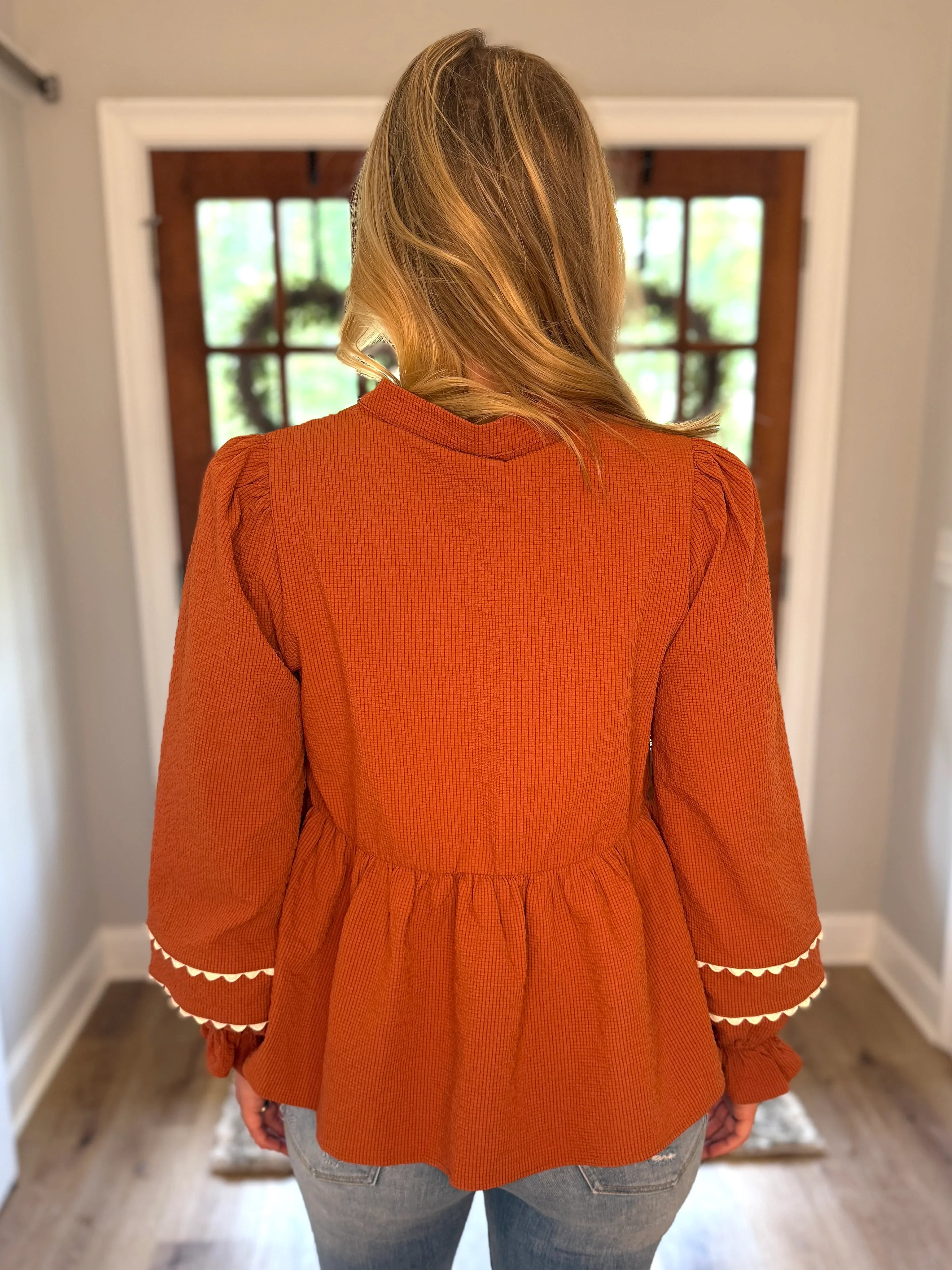 BAILEY Long Sleeve Ric Rac Trim Top in Toffee - Sassy and Southern