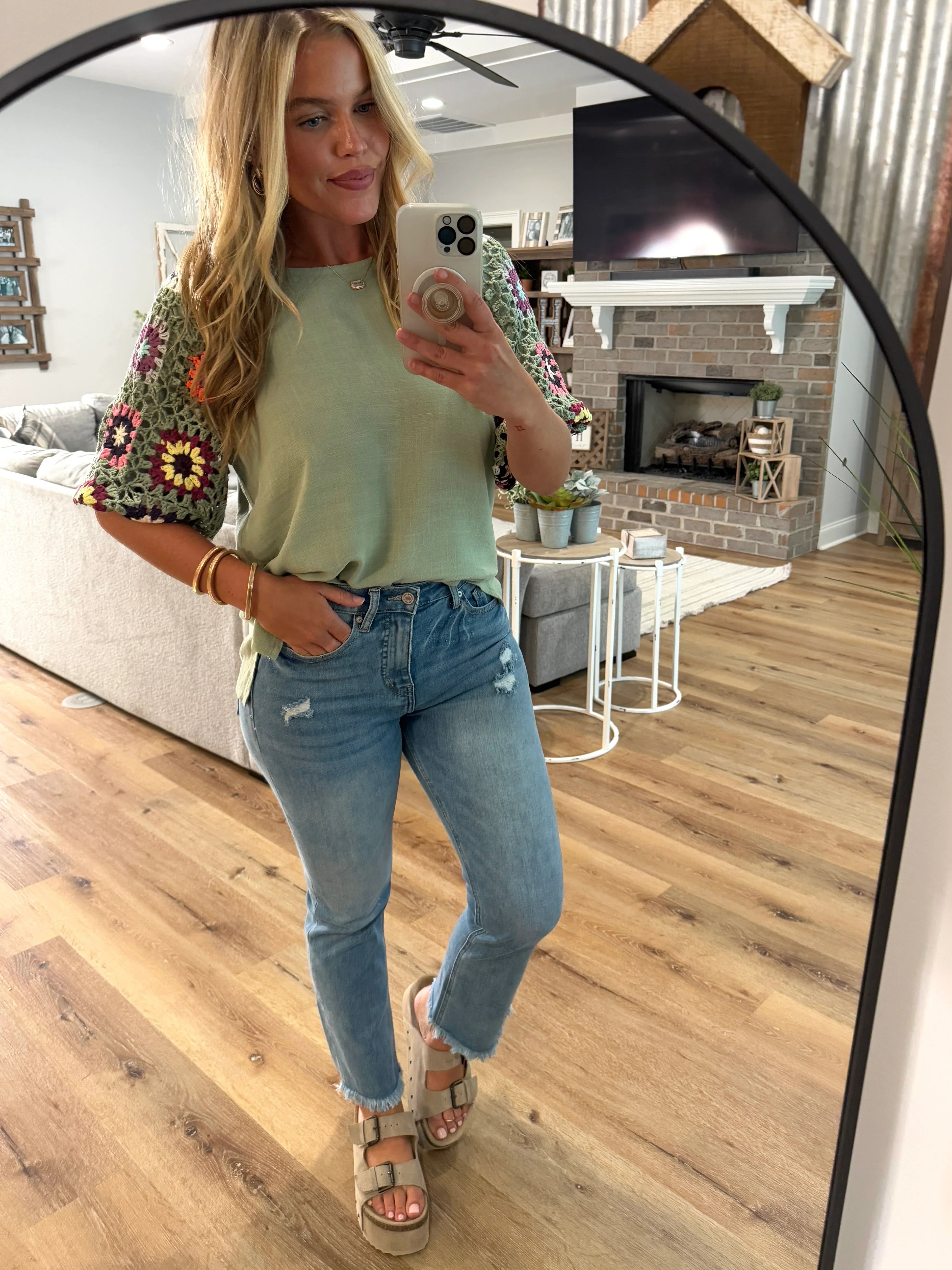 JANE Crochet Sleeve Top (Sage) - Sassy and Southern