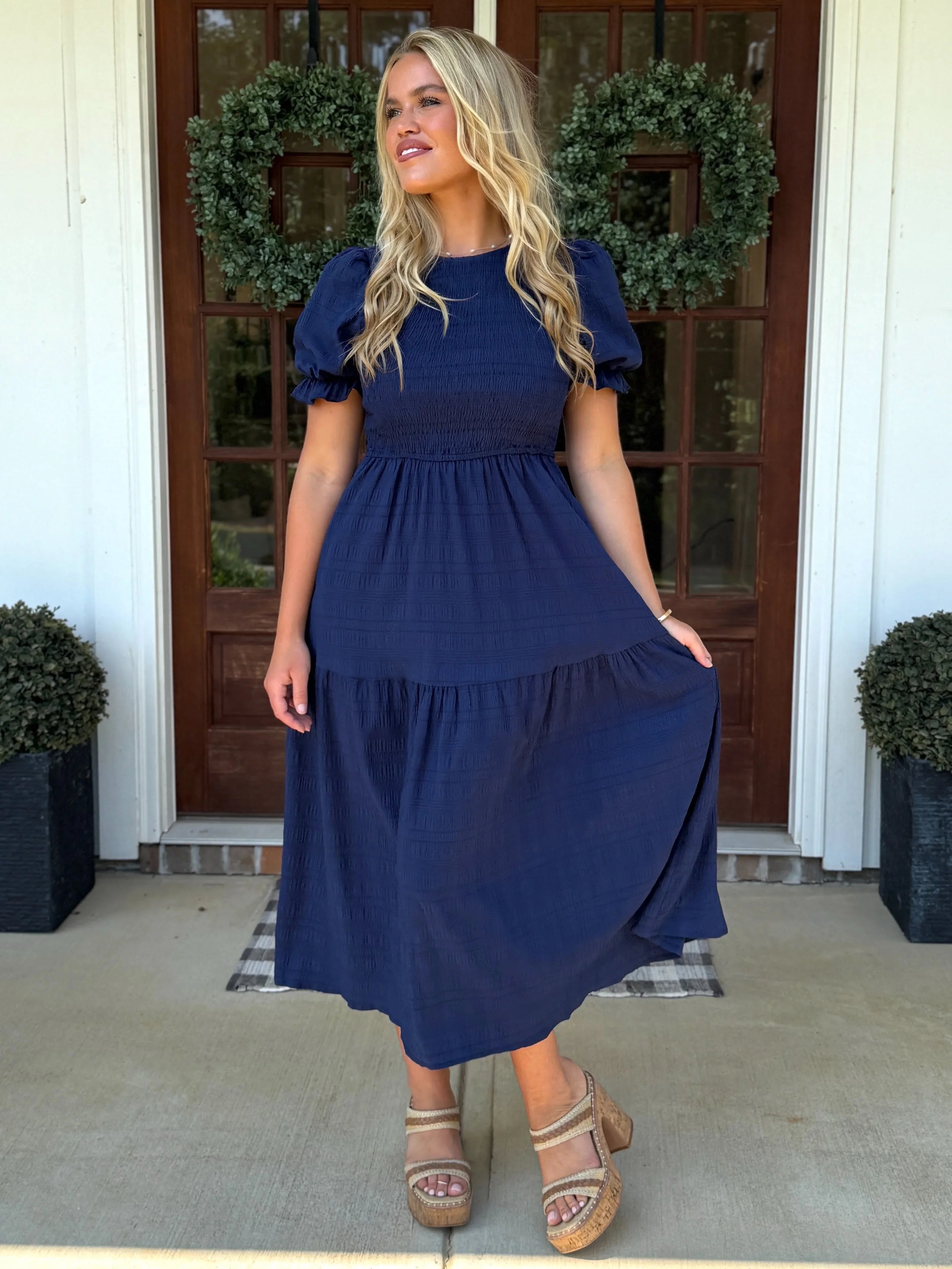 ARIEL Long Textured/Smocked Dress in Blue - Sassy and Southern