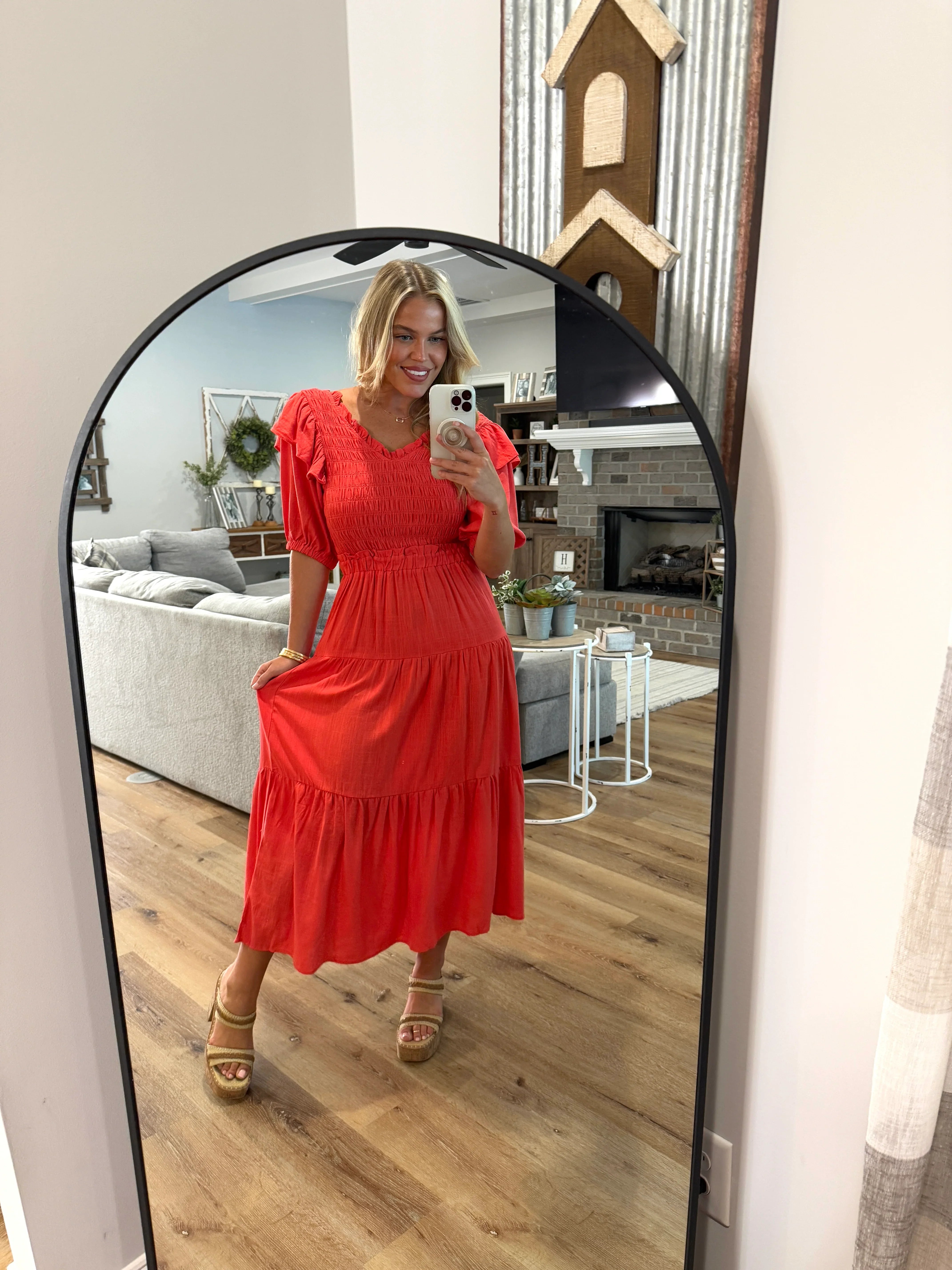 RUTH Smocked Maxi Dress (Coral) - Sassy and Southern