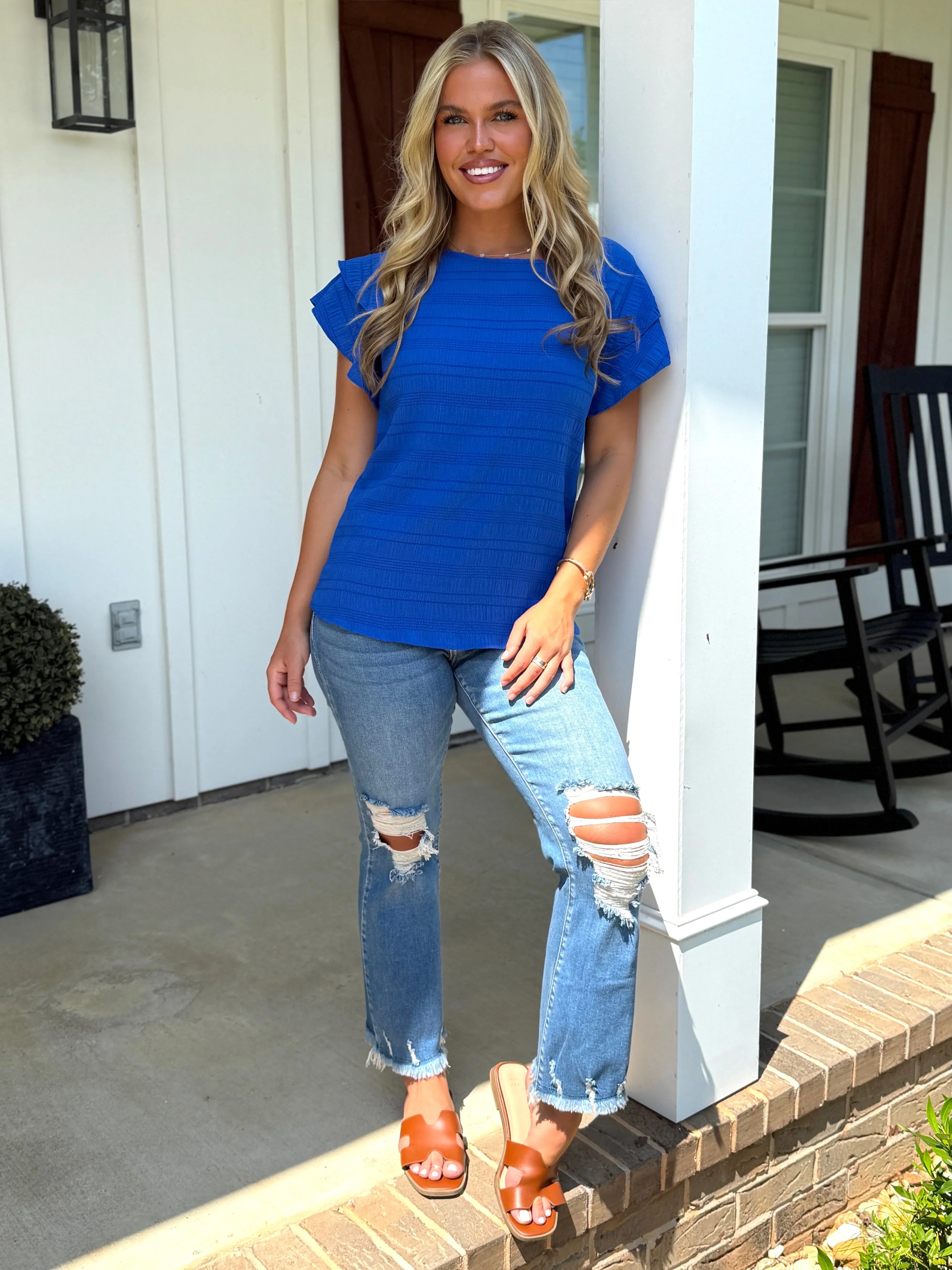 RAELYNN Textured Ruffle Blue Top - Sassy and Southern